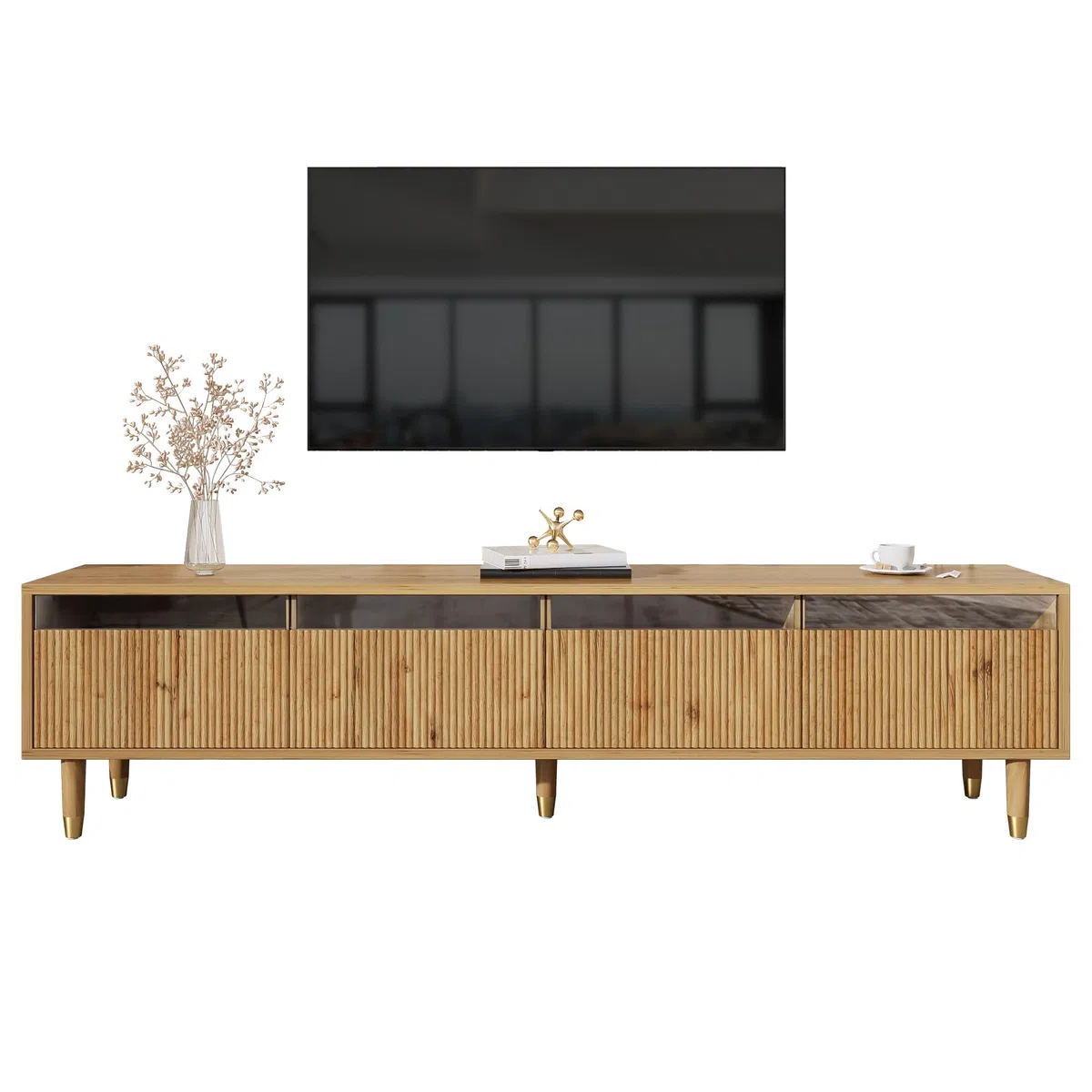 Azkoeesy Mobile TV con illuminazione a LED e 4 cassetti, 178 x 35 x 45 cm, con accenti dorati, vano portaoggetti XL per soggiorno, robusto MDF e acrilico, design moderno (naturale)