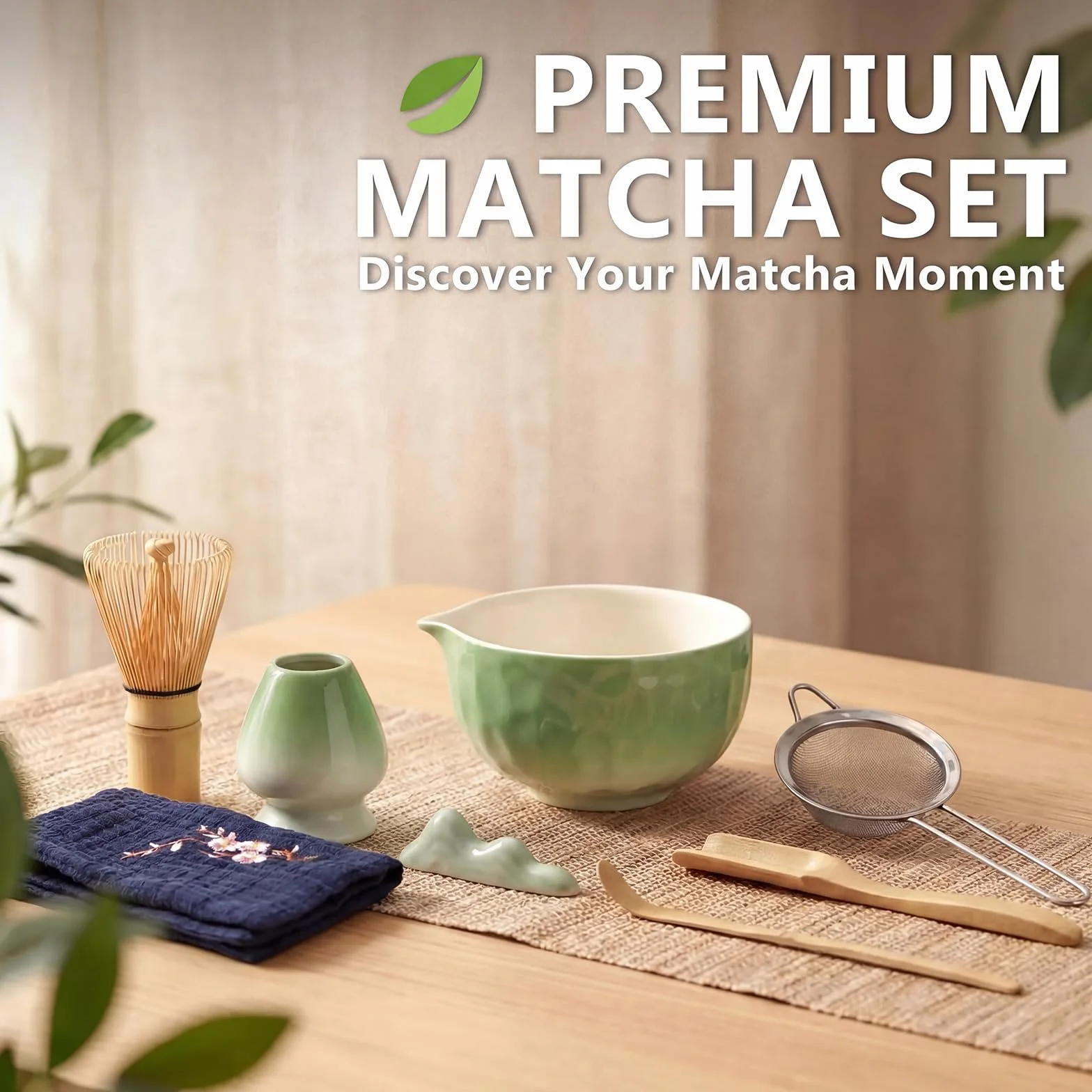 8 pezzi Matcha Kit, Matcha Set in ceramica con Frusta Matcha, Ciotola, Cucchiaio, Filtro, Supporto, Set per Cerimonia del Tè Artigianale, Kit Matcha per Ideale Appassionati di Tè, Verde