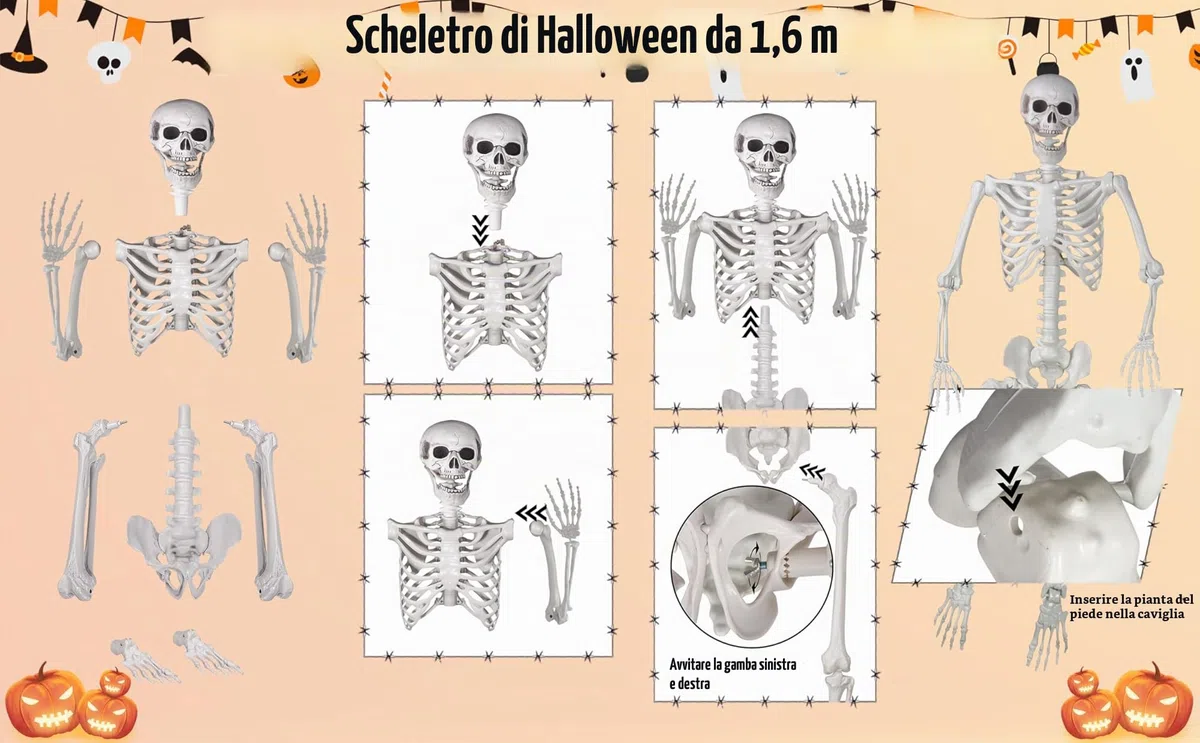 Scheletro di Halloween 165 cm realistico dimensione di vita posable scheletro umano con articolazioni mobili per Halloween decorazione casa infestata (1)