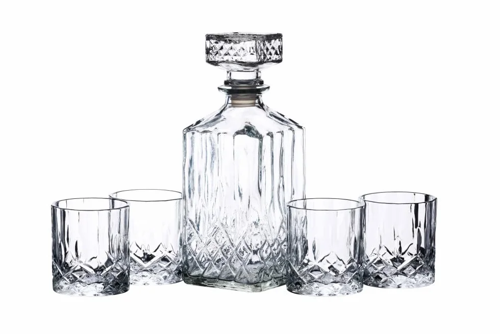 BarCraft Decanter per Whisky 900ml e set da Regalo, in Vetro Tagliato, 5 Pezzi, con Tappo in Silicone e 4x Bicchieri, 26 x 10 x 24cm