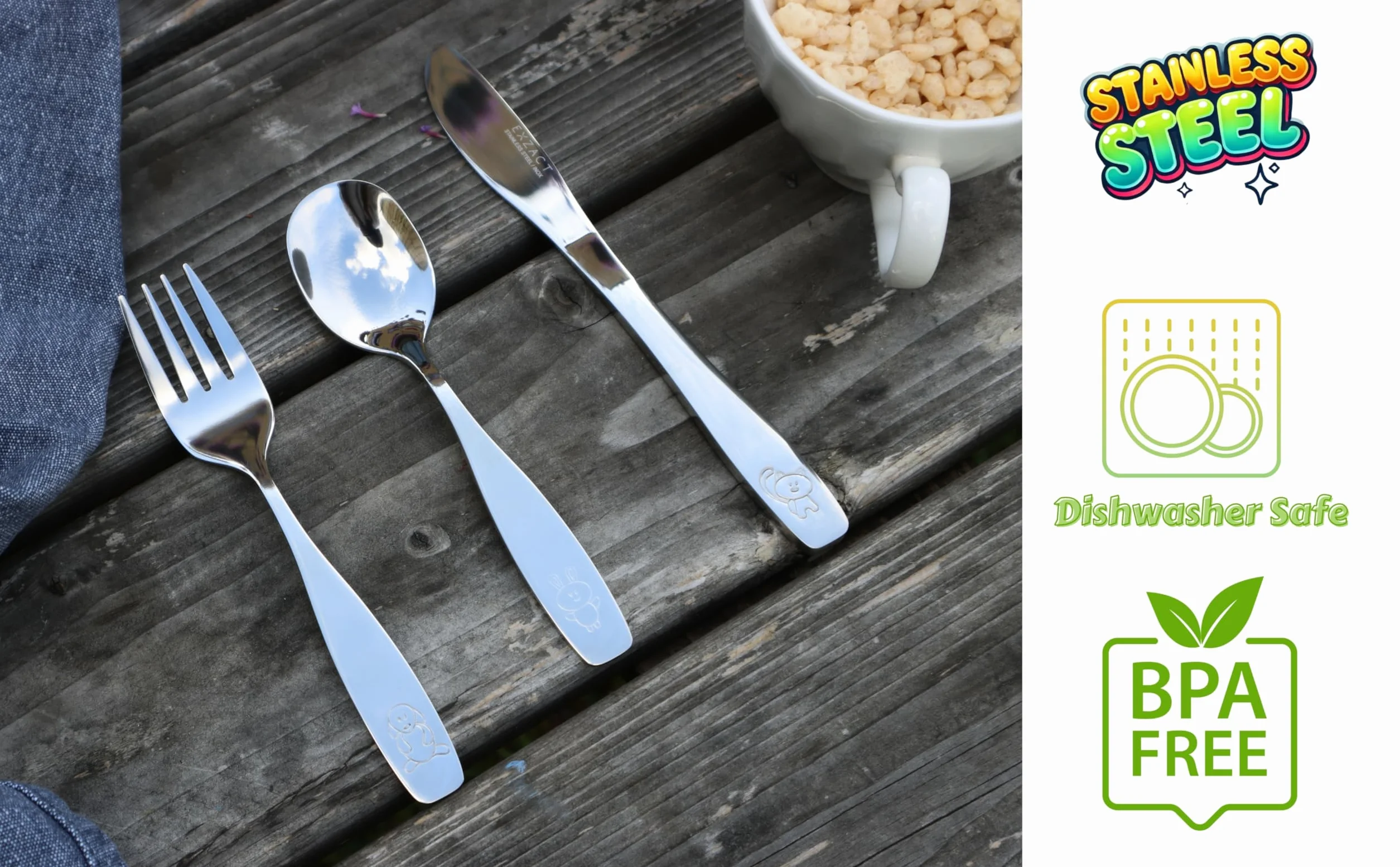 Exzact Posate per Bambini 12 Pezzi in Acciaio Inox - 4 x forchetta, 4 x coltelli, 4 x Cucchiai Cena