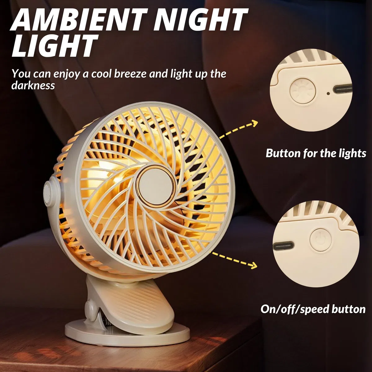 MAGIC SELECT Ventilatore con Clip, con 5 Velocità. Ventilatore da Tavolo Silenzioso, con Luce. Multisuperficie. Ruota di 360º. Batteria a Lunga Durata. USB-C, Cavo di Ricarica Incluso.