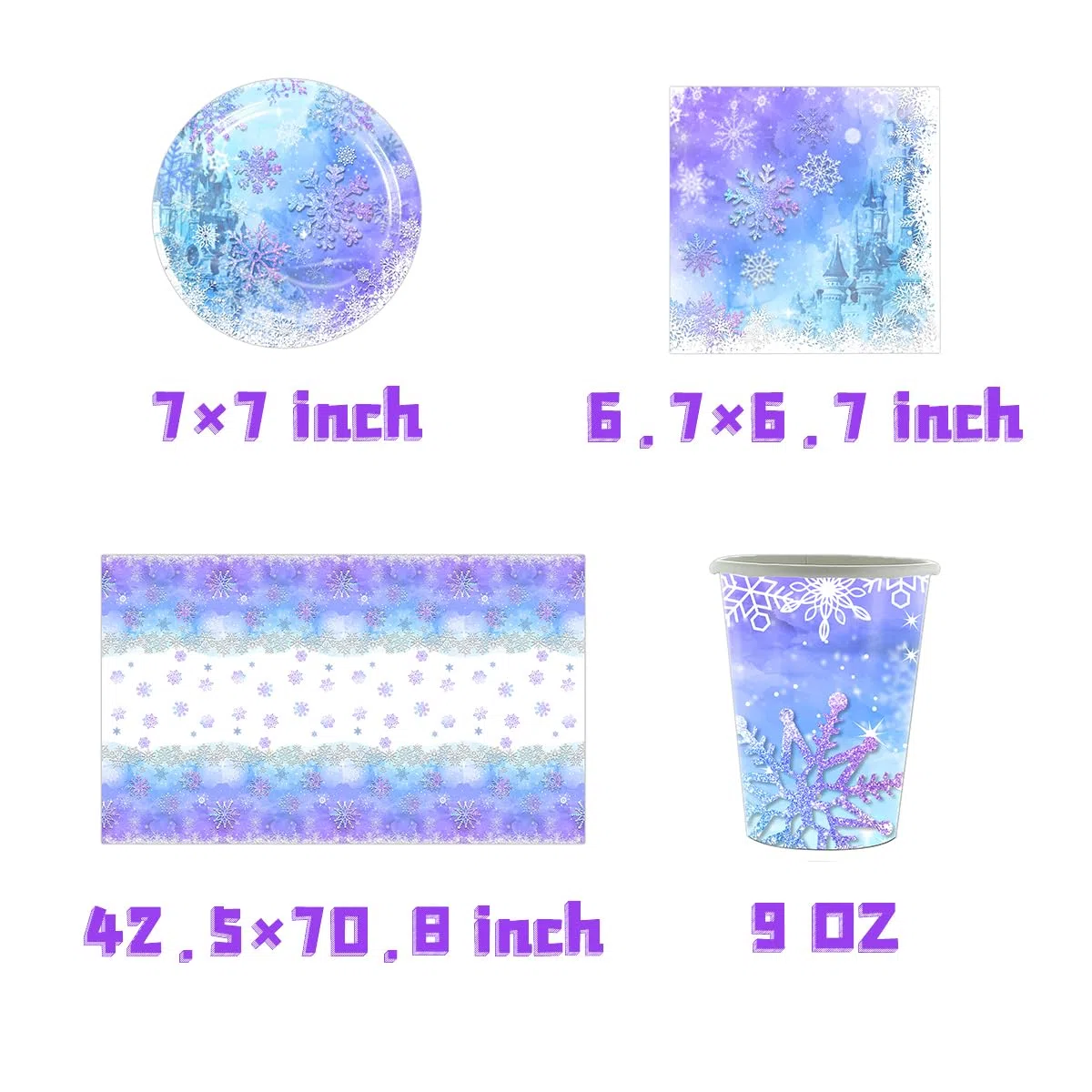 Stoviglie per feste Frozen,Set di stoviglie per feste con fiocchi di neve blu e viola,20 tovaglioli 20 bicchieri di carta 20 piatti di carta 1 tovaglia,Stoviglie per bambini e adulti