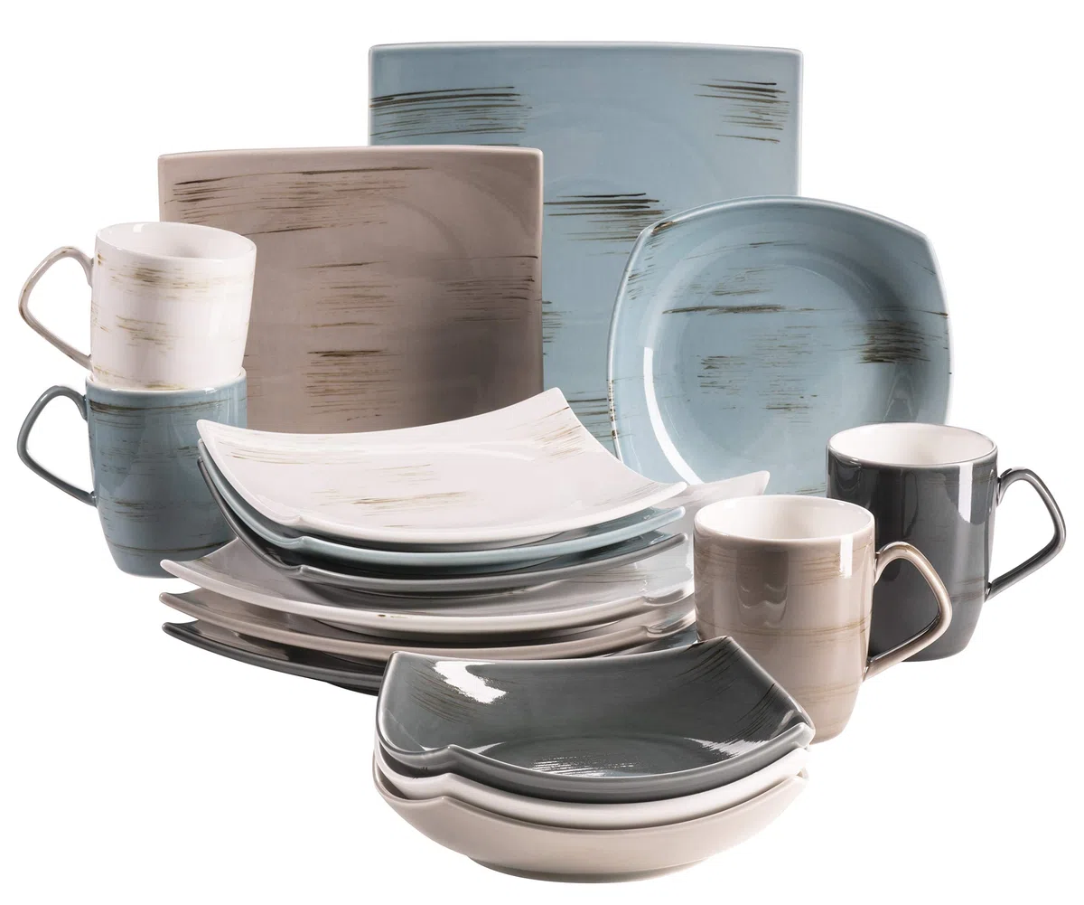 MÄSER 931448 Serie Derby, set di stoviglie premium con piatti quadrati per 4 persone in qualità gastronomica, servizio moderno combinato, 16 pezzi, colori pastello, porcellana durevole