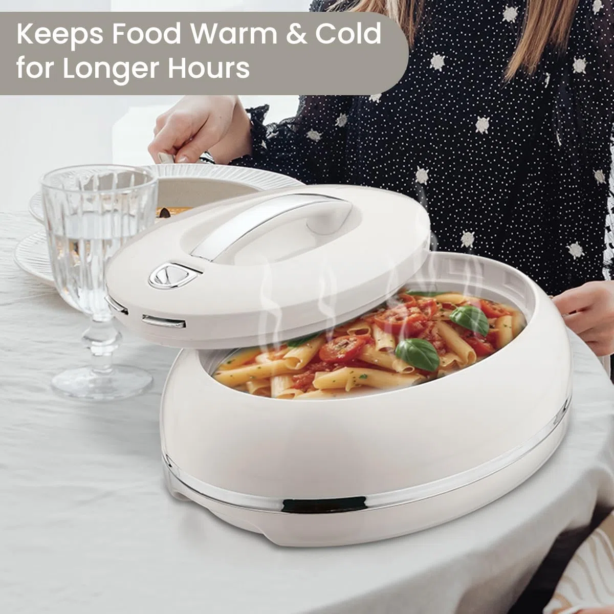 Elegante casseruola ovale isolata grande – coperchio aperto con una mano – 0,9 l – scaldavivande di lusso – ciotola termica per buffet/feste – contenitore per alimenti caldi in acciaio inox – argento