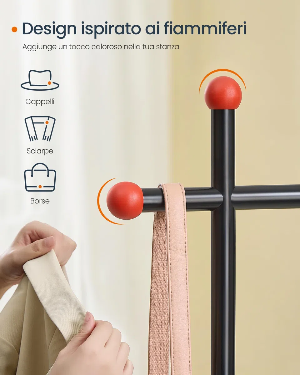 SONGMICS HOME Stand Appendiabiti, Attaccapanni in Metallo con Ruote, 1 Barra Appendiabiti, Ganci a Forma di Fiammifero, Nero Inchiostro HSR170B01