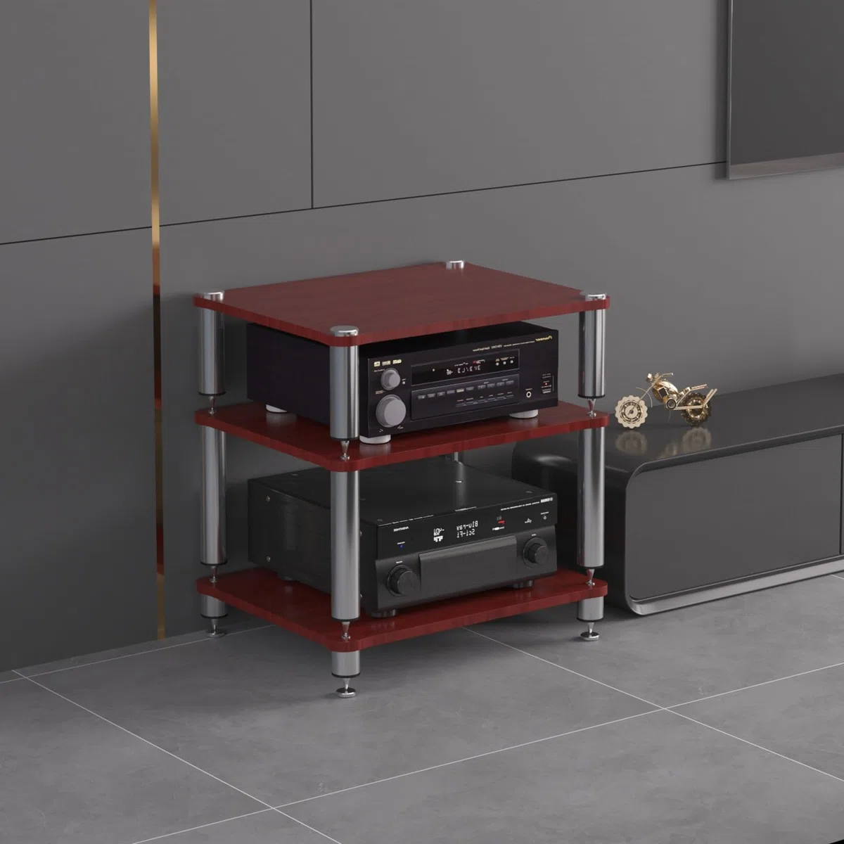 Mobiletto AV HiFi A 3 Ripiani Ripiano In Legno Supporto Per Giradischi Mobile Stereo Sound Tower Rack Portaoggetti Per Console Multimediali(Teak color,Three-layer)