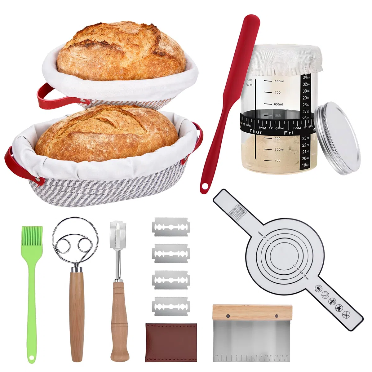 Cestino Lievitazione Pane 11 Pezzi Set, Cestino per Lievitazione Rotondi e Ovali, Frusta per Impasto, Lame per Pane, Raschietto per Impasto, Accessori per Panificazionea, Ideale per e Pasta Madre