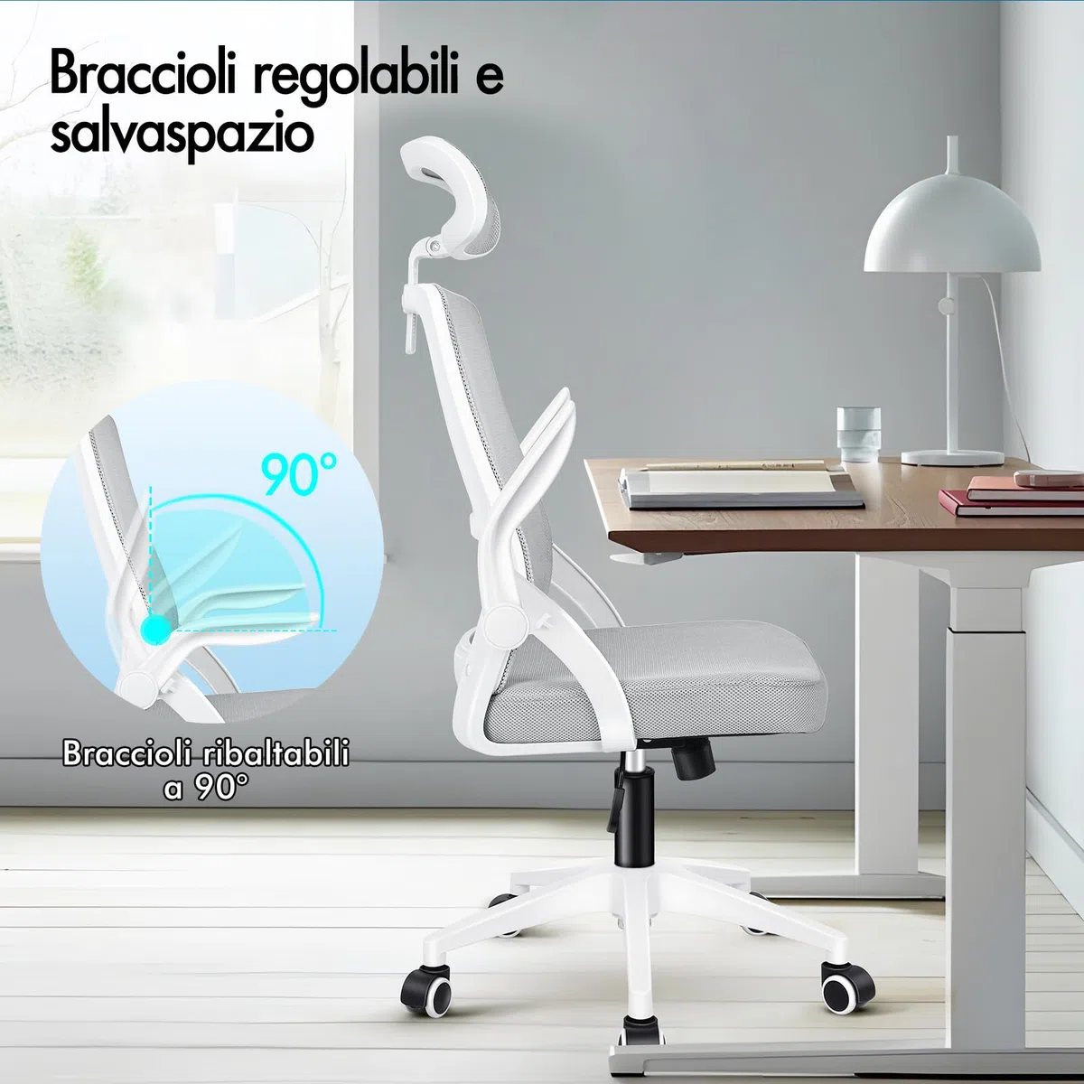 ALFORDSON Sedia da Ufficio Scrivania Ergonomica, Con Braccioli Pieghevoli, Sedile Imbottito e Schienale in Rete Traspirante, Girevole con Ruote, Funzione Oscillante, Portata 180 kg(Bianca e grigia)
