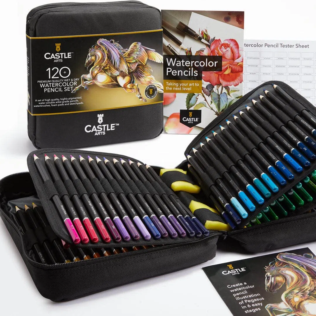 Castle Art Supplies 120 matite ad acquerello con integratori | Pigmenti vibranti di qualità | Disegna e dipingi allo stesso tempo | Per adulti dilettanti e professionisti | In una custodia