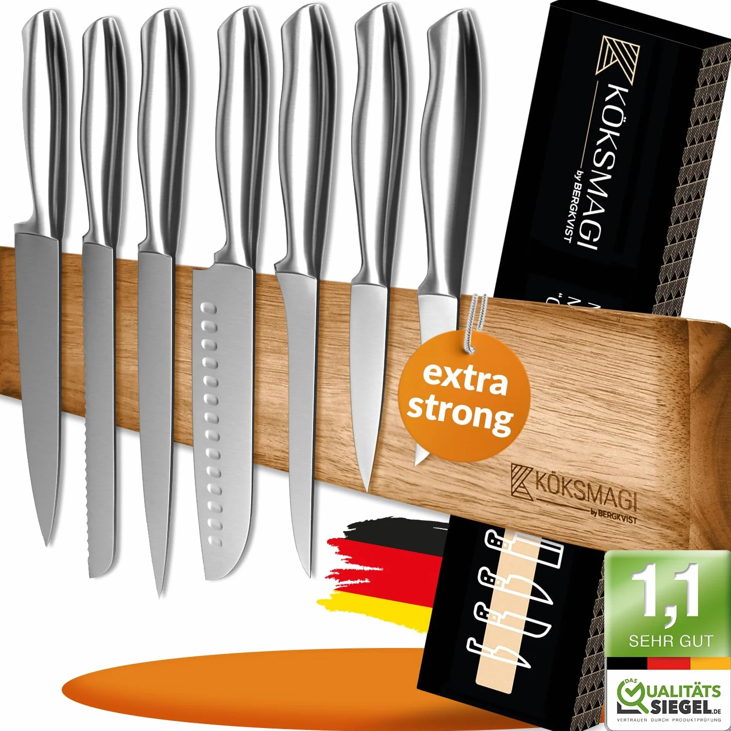 Barra magnetica per coltelli OSKAR (50 cm) - porta coltelli magnetico in legno con magnete estremamente forte per coltelli pesanti - con accessori per incollare e forare