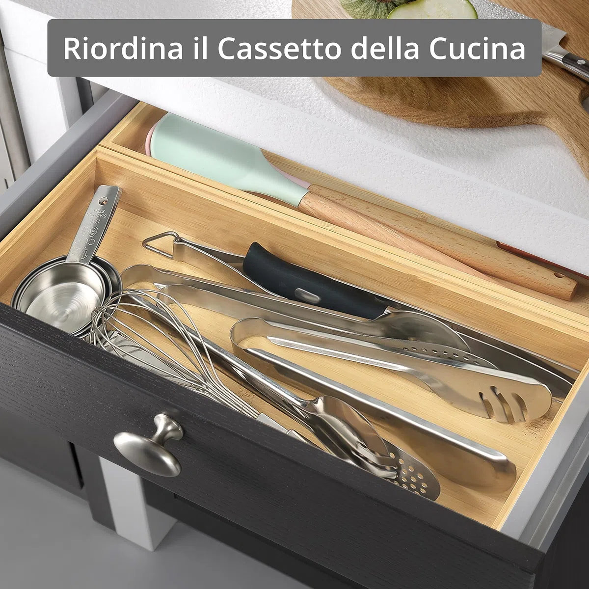 Winter Shore Organizer Cassetti Cucina in Bambù [2 Set] - Portaposate Legno Naturale Impilabili - Porta Posate Cucina Cassetto Grande per Dispensa e Argenteria - 15,5 x 6,5 x 38,5 cm