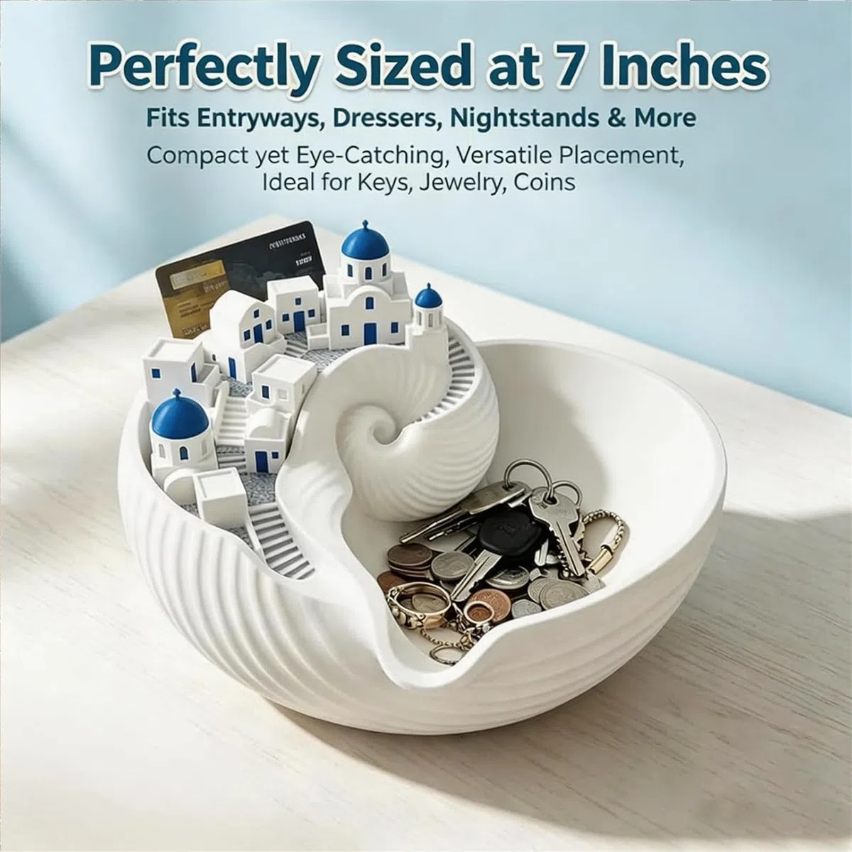 Ciotola portaoggetti di Santorini, organizer per chiavi dell'isola greca stampata in 3D, ciotola conchiglia da costruzione a cupola blu, vassoio decorativo in stile architettonico (1pc)