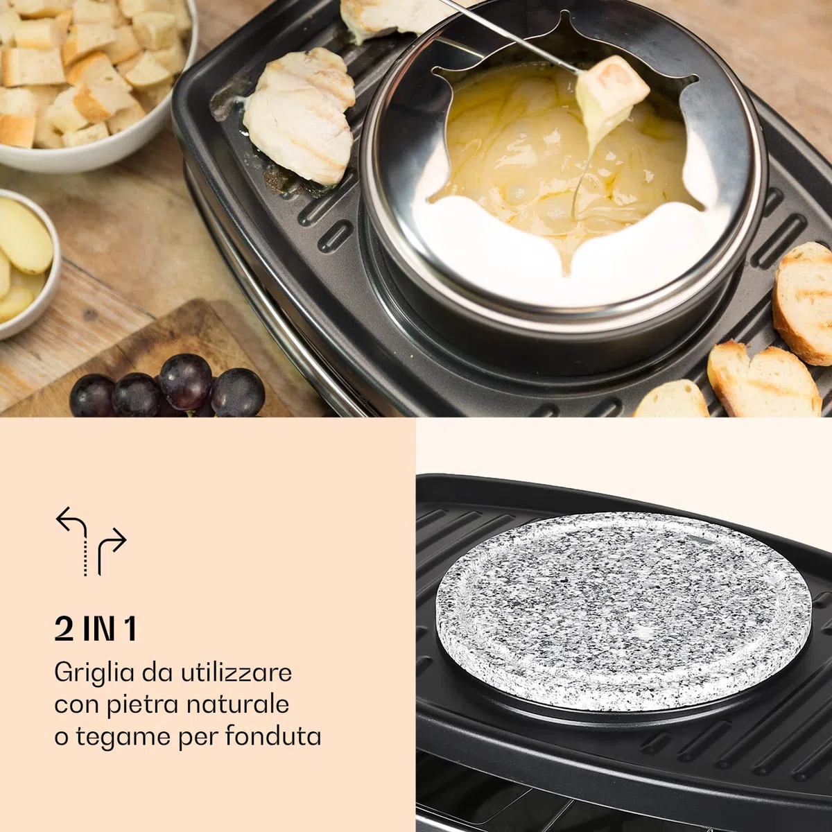 Klarstein 3-in-1 Griglia per Raclette e Set Fonduta Formaggio, Piastra Raclette Formaggio in Pietra Ollare 11W, Piastra Elettrica per Grigliare Carne e Formaggio con Pentole e Forchette per Fonduta