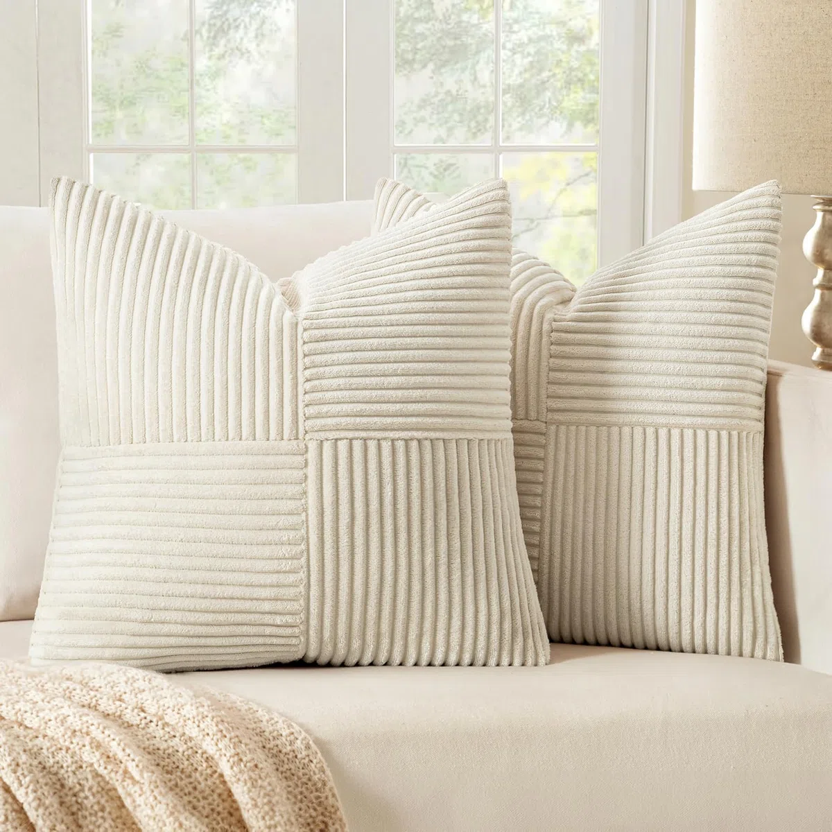 MIULEE Set di 2 Federe Cuscini per Divano in Velluto a Coste Moderno Morbido Decorativa Copricuscini per Divano Camera da Letto 45x45cm Beige Chiaro