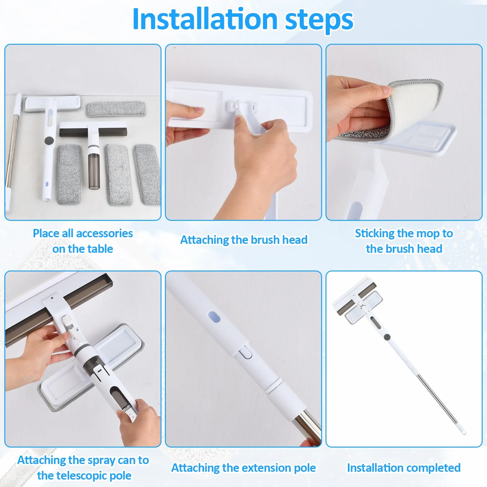 Telescopico lavavetro, Lava Vetri Finestre, Spazzola con Spray, Lavavetro in Silicone con Vaschetta Raccogli Acqua Integrata, Professionale con 5 Panni in Microfibra