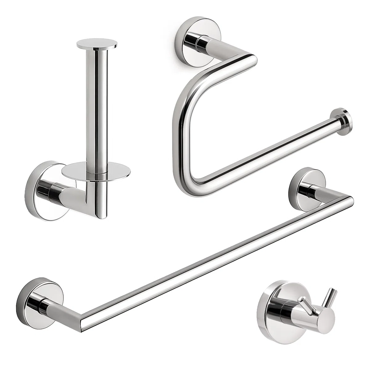 Set Premium 4 Pezzi Accessori Bagno Acciaio Inox 304 - Portasciugamani, Portarotolo, Anello & Doppio Gancio (Montaggio a Parete con Fori, Portata 15kg) - Cromo Specchio per Casa & Albergo
