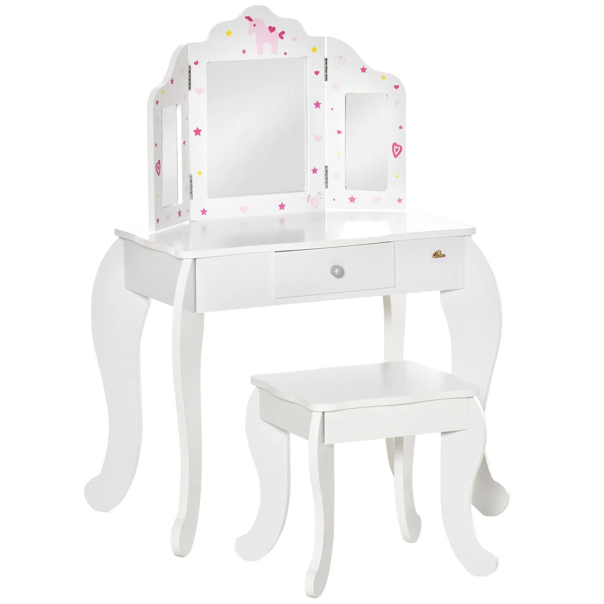 HOMCOM Tavolo da Trucco per Bambini con Sgabello 2 in 1 Scriniva in Legno e Triplo Specchio, Toeletta Trucco in MDF e Acrilico, 63x40x85.5 cm, Bianco e Rosa