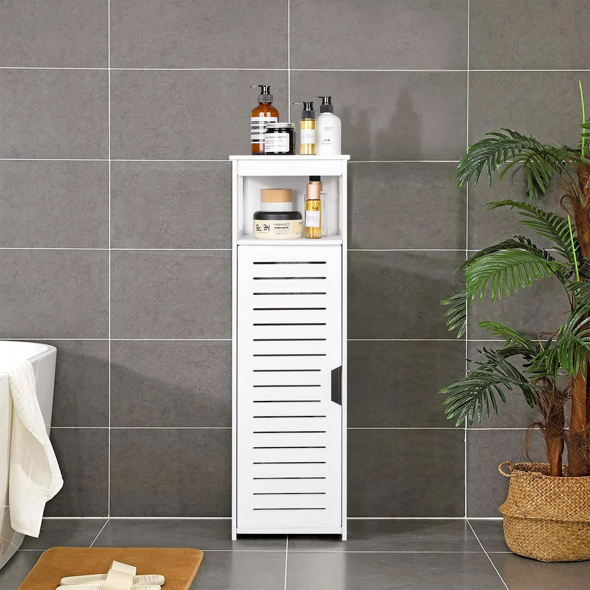 VOGGV Armadietto da bagno autoportante con 1 porta e ripiani per casa, cucina, soggiorno e corridoio, 22 x 20 x 75 cm, bianco