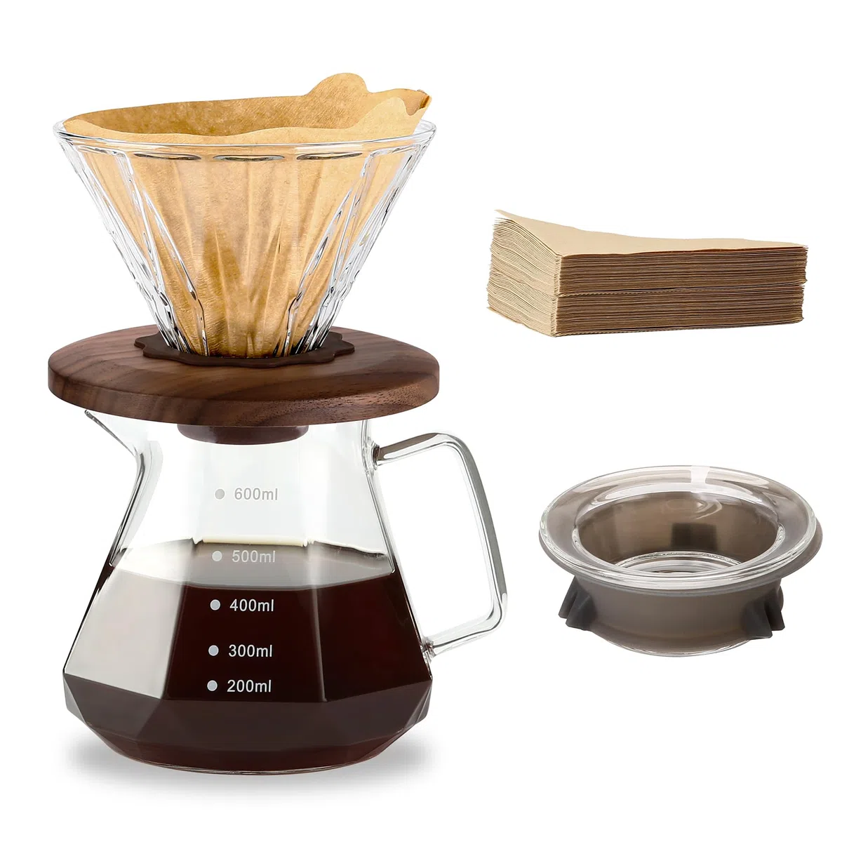 Caffettiera Pour Over, caraffa in vetro borosilicato da 600 ml, con 100 filtri di carta misura 02, manico in noce e coperchio in vetro, 600 ml, trasparente