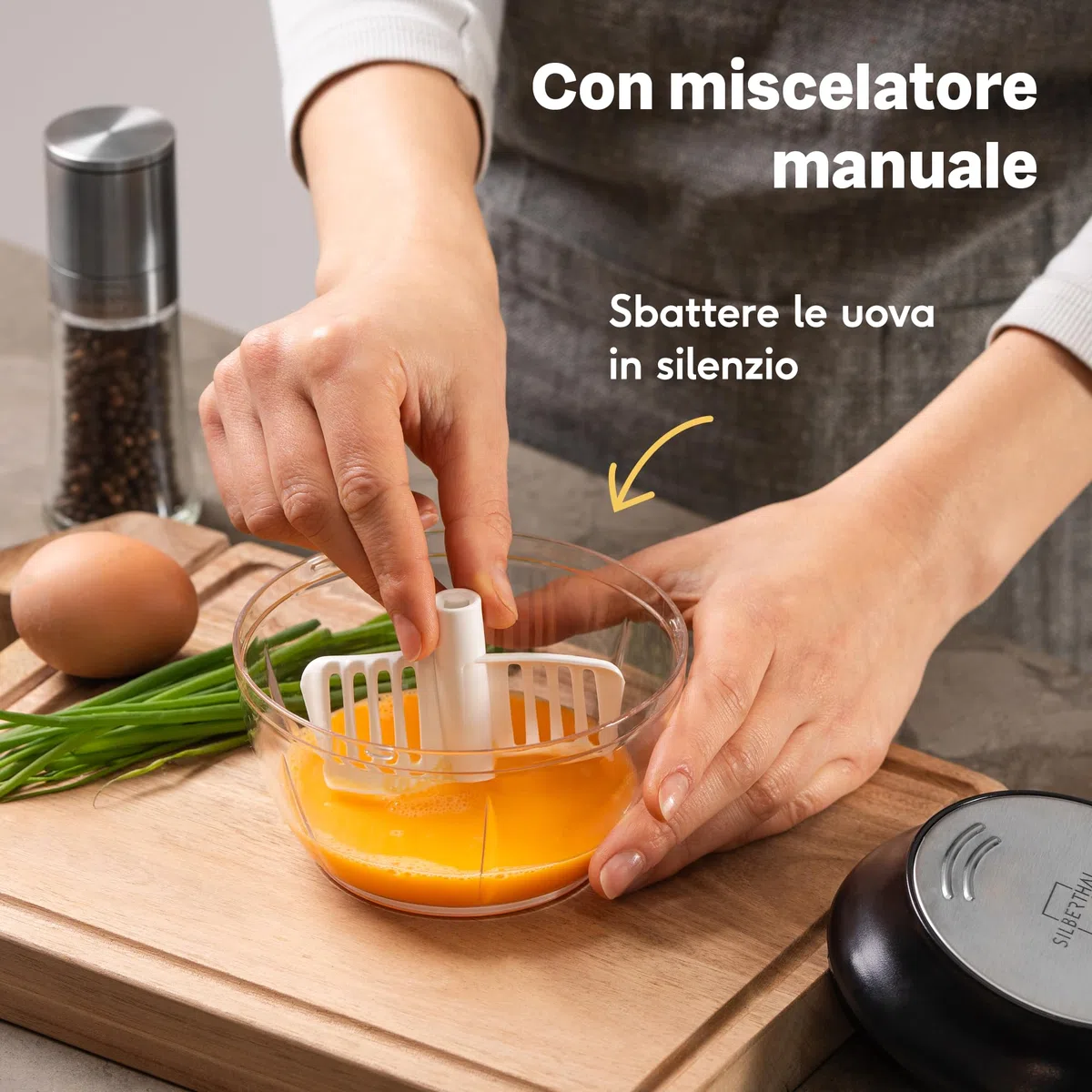 SILBERTHAL Tritatutto manuale a corda 500ml - Acciaio inox - 5 secondi - Con coperchio e raschietto - Per cipolle, aglio, erbe aromatiche