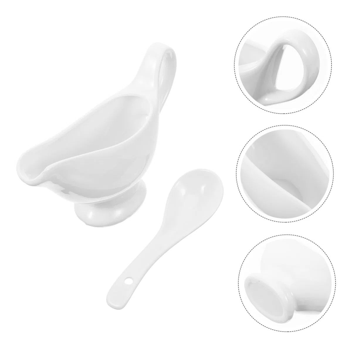Salsiera in Porcellana 175 Ml con Mestolino, Design Anti Goccia per Sugo e Salsa da Tavola, Supporto Abbinato