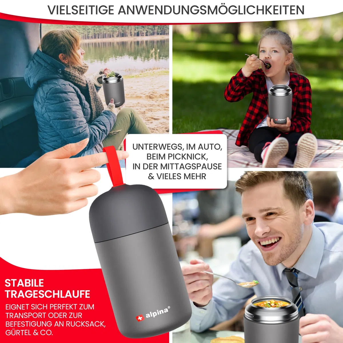 alpina contenitori ermetici per alimenti – tazza termica 730 ml lavabile in lavastoviglie con compensazione pressione - Cibi caldi e freddi a lungo I Borraccia termica in acciaio inox senza BPA