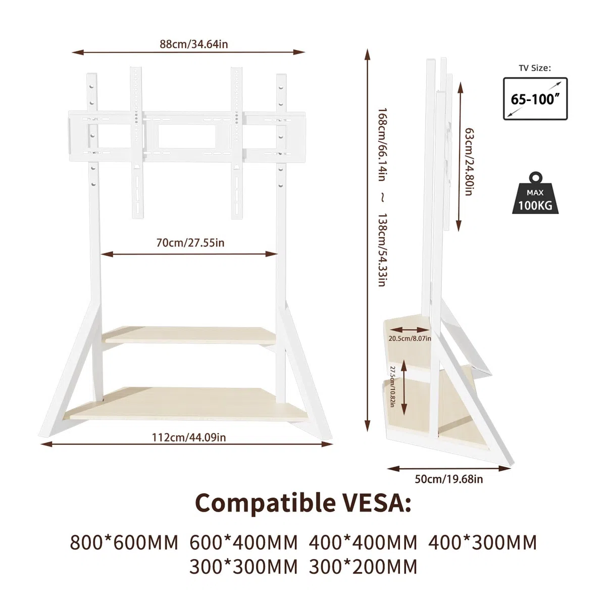 UNHO Supporto TV da Pavimento con Ruote Bianco: Supporto TV Mobile con Rotelle per 65-100 Pollici, Peso Max 100kg Base Solida per Schermi Giganti, Max VESA 800x600mm, Regolabile in Altezza