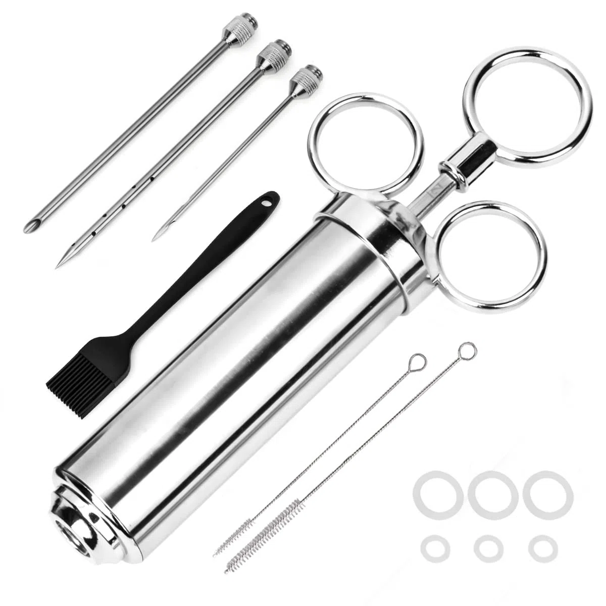 Siringa per Marinatura in Acciaio Inox 60ml con Siringa per Carne con 1 Pennello per Marinatura, 3 Aghi per Marinatura, Siringa per Spezie per Barbecue, Carne