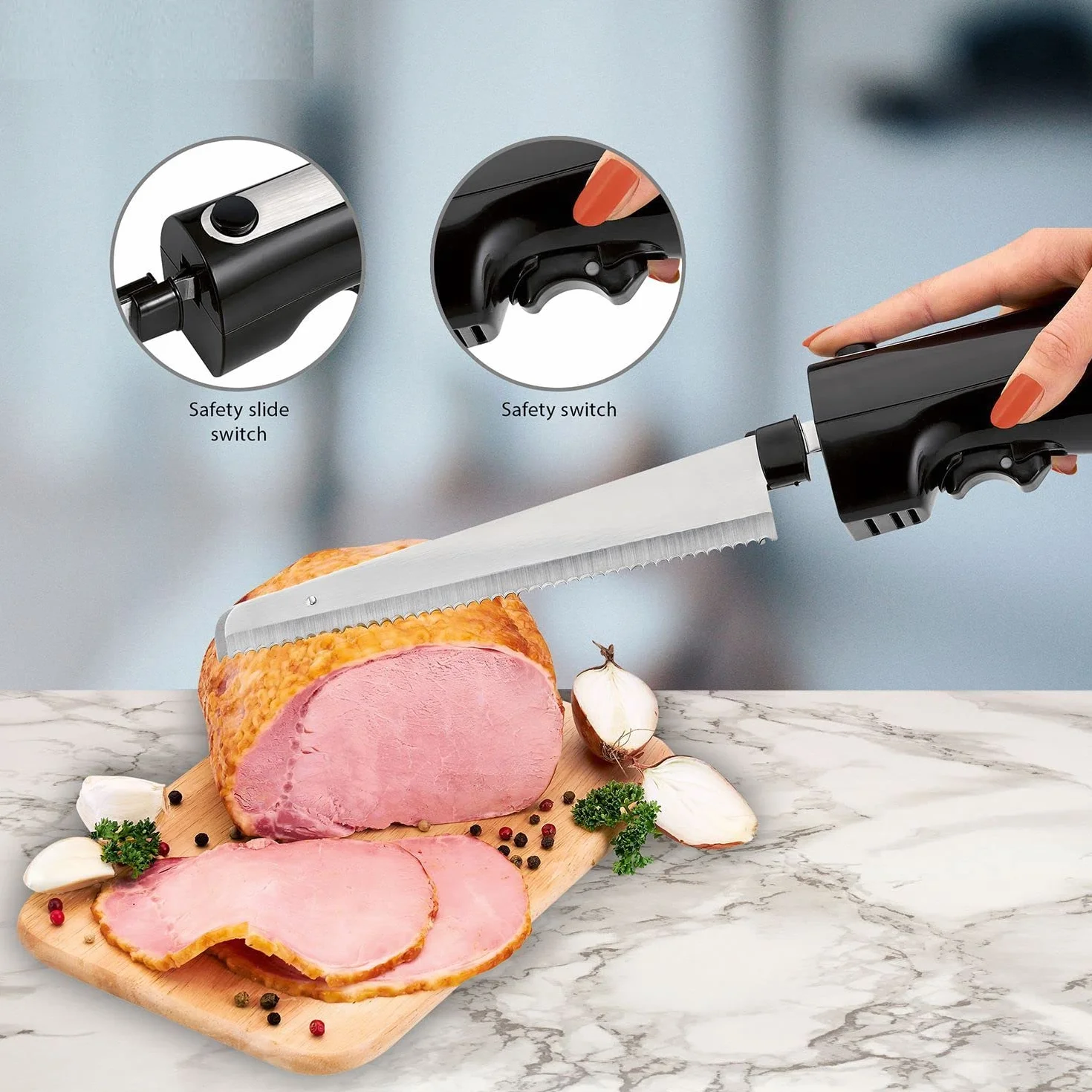 Coltello elettrico per pane di carne con doppie lame in acciaio inossidabile, inclusa scatola e panno per la pulizia - potente motore da 120 watt - silenzioso, lavabile in lavastoviglie