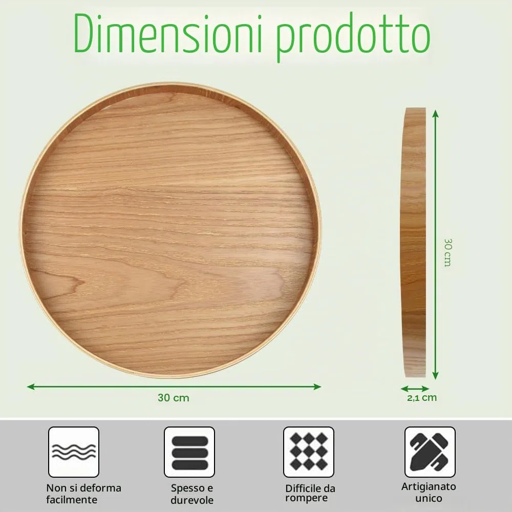 Vassoio Rotondo in Legno da 30cm - Piatto da Portata Tondo e Decorativo per Tè, Caffè, Frutta e Cibo