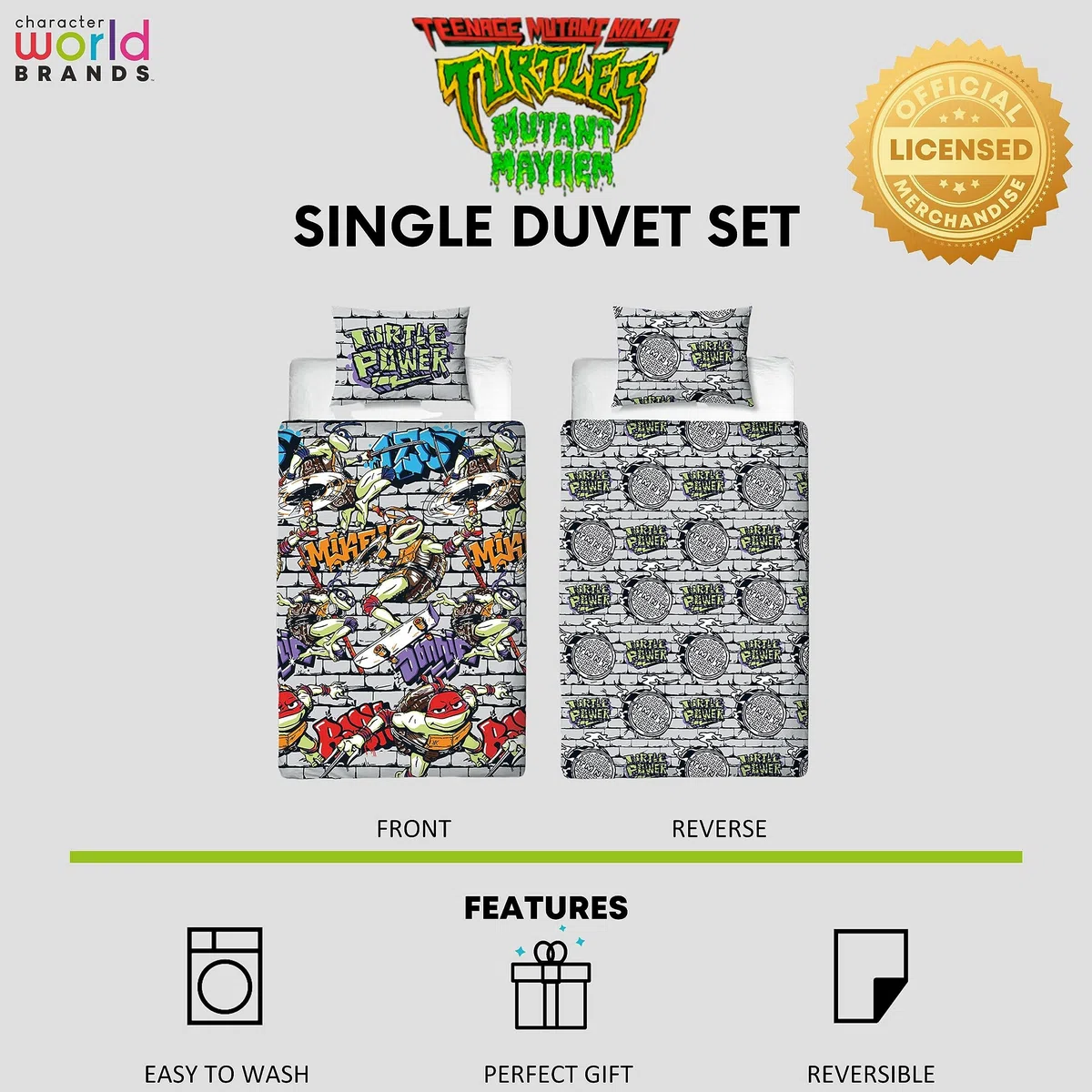 Character World Set copripiumino singolo ufficiale Teenage Mutant Ninja Turtles | Power Design reversibile su 2 lati, con federa coordinata TNMT per letto singolo
