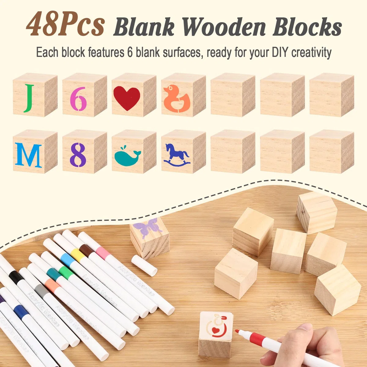 128 Pezzi Set di Giochi per Baby Shower, Blocchi di Pittura Creativa con 48 Blocchi di Legno, 24 Matite Colorate, 54 Stencil e Scatola di Legno per la Festa di Rivelazione del Sesso