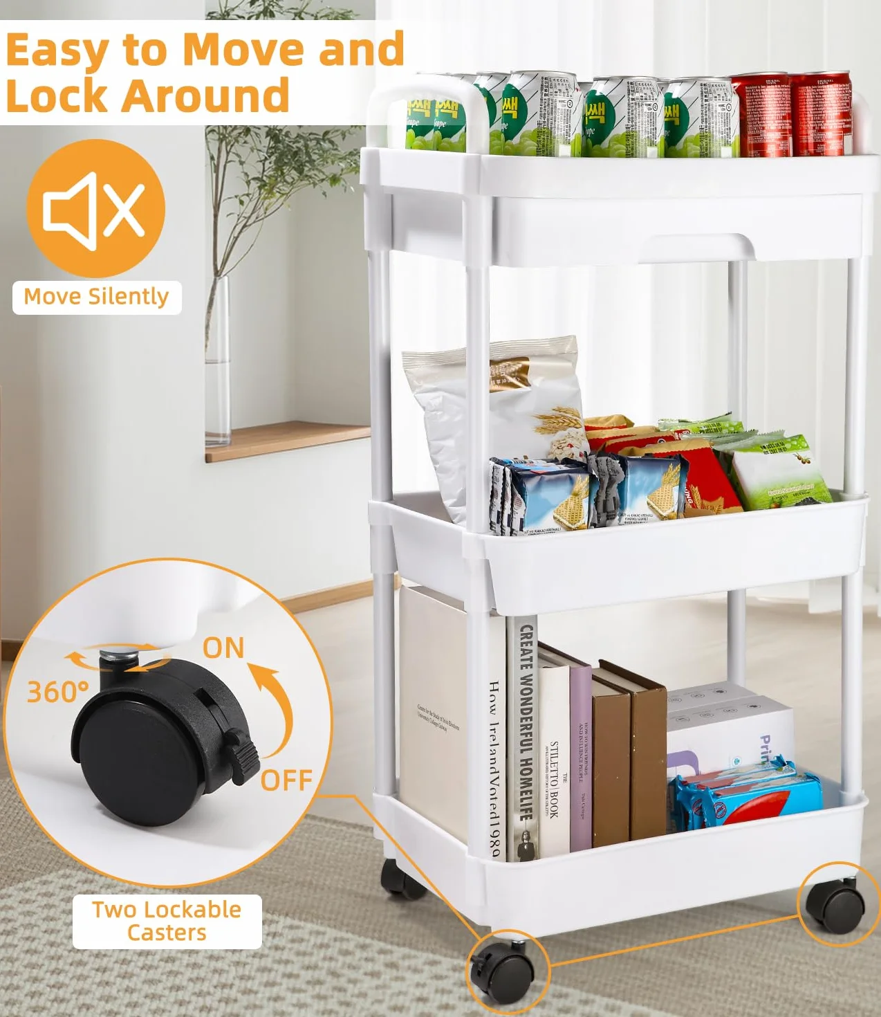 Carrello con Ruote Portatutto Cucina con Cassetto, Carrello Portaoggetti Multifunzionale con Maniglia, Gancio, Ruote Bloccabili, Carrellino per auto di Facile Montaggio per Bagno, Bianco
