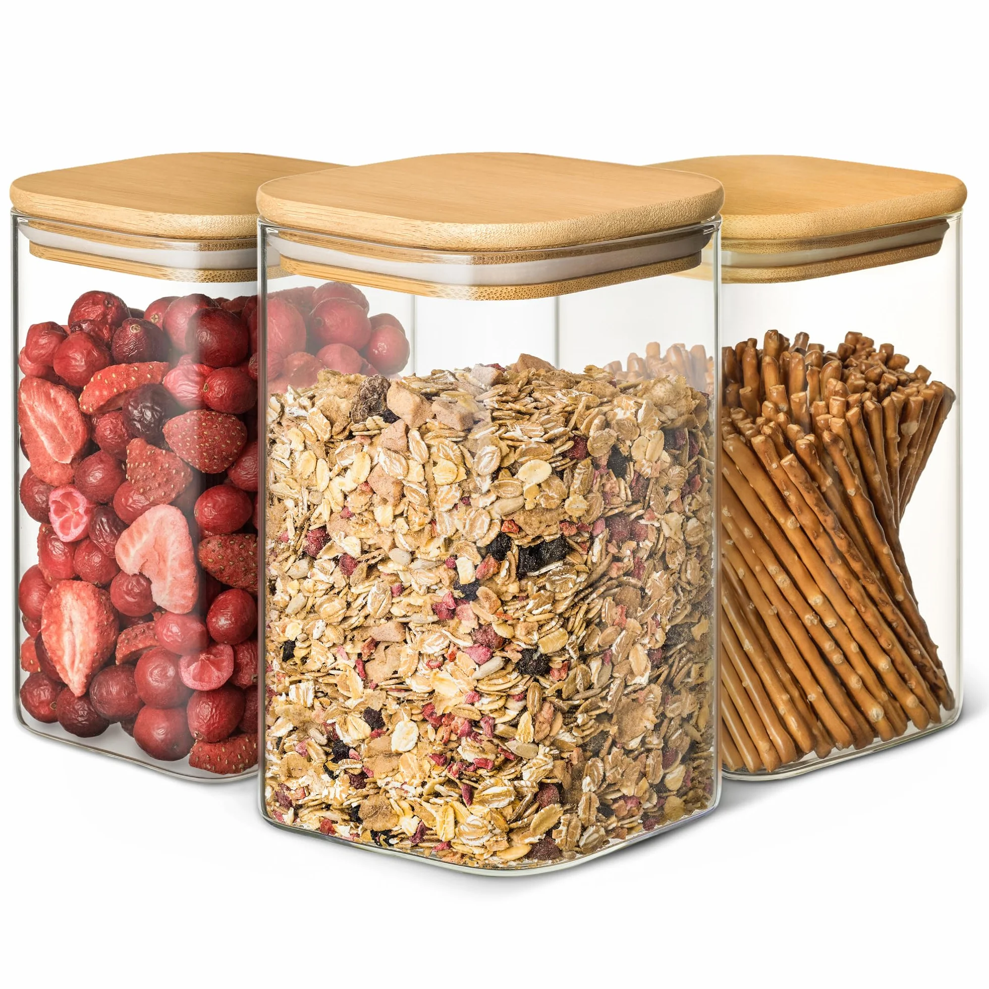 Praknu Set di 3 Barattoli di Vetro con Coperchio - 1 l - Quadrati - Ermetici - Con 6 Guarnizioni - Lavabili in Lavastoviglie