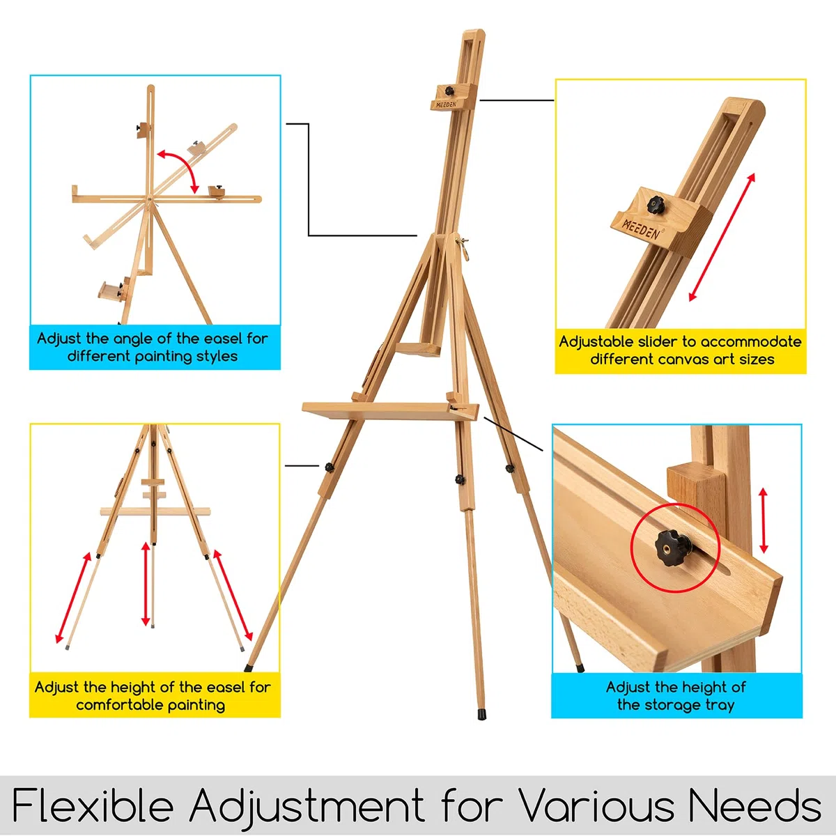 Meeden, cavalletto a treppiede per pittura, universale, regolabile, portatile, in legno di faggio, perfetto per pittori, studenti e artisti di paesaggio, può contenere tele fino a 111,8 cm