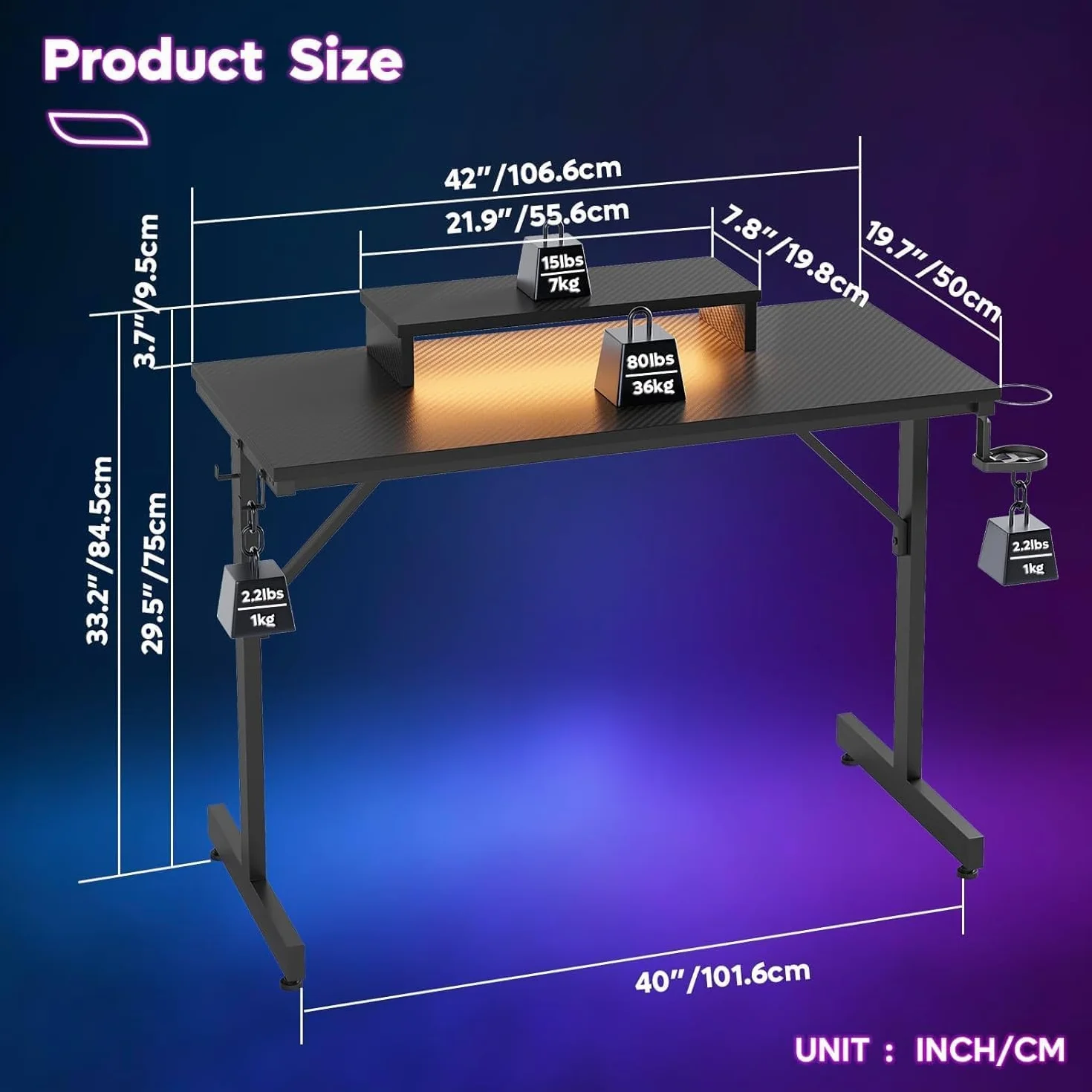 Bestier Scrivania da Gioco LED per PC con Supporto per Monitor, Tavolo Stabile per Computer con Portabicchieri e Gancio per Cuffie, 106 cm (Nero)