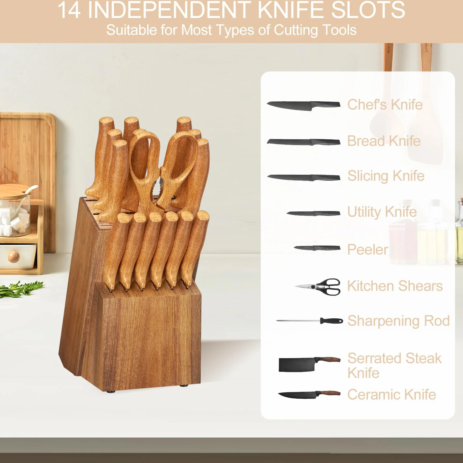 Ceppo Coltelli da Cucina, Ceppo in Legno Con 14 Scomparti, Affilacoltelli e Forbici Incluso, Porta Coltelli Cucina, Blocco Portacoltelli Senza Coltello, Base Antiscivolo, Universale, Pino