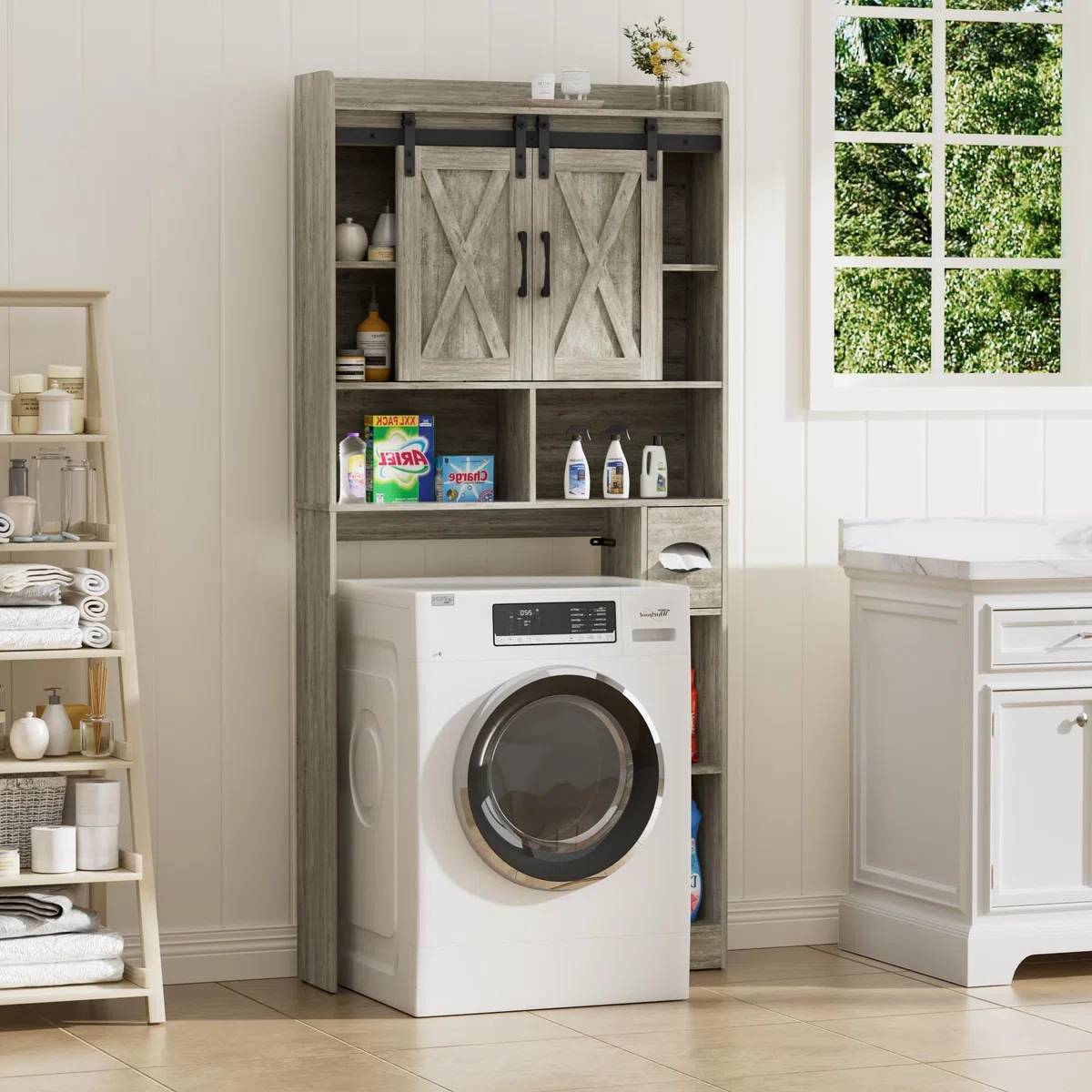 BonVache Armadio Lavatrice con 2 Porte Scorrevoli Ripiani Regolabili Lavatrice Mensola Lavatrice con Scomparto Laterale per Asciugamani Carta e 4 Scomparti Aperti Bagno WC Lavanderia Grigio
