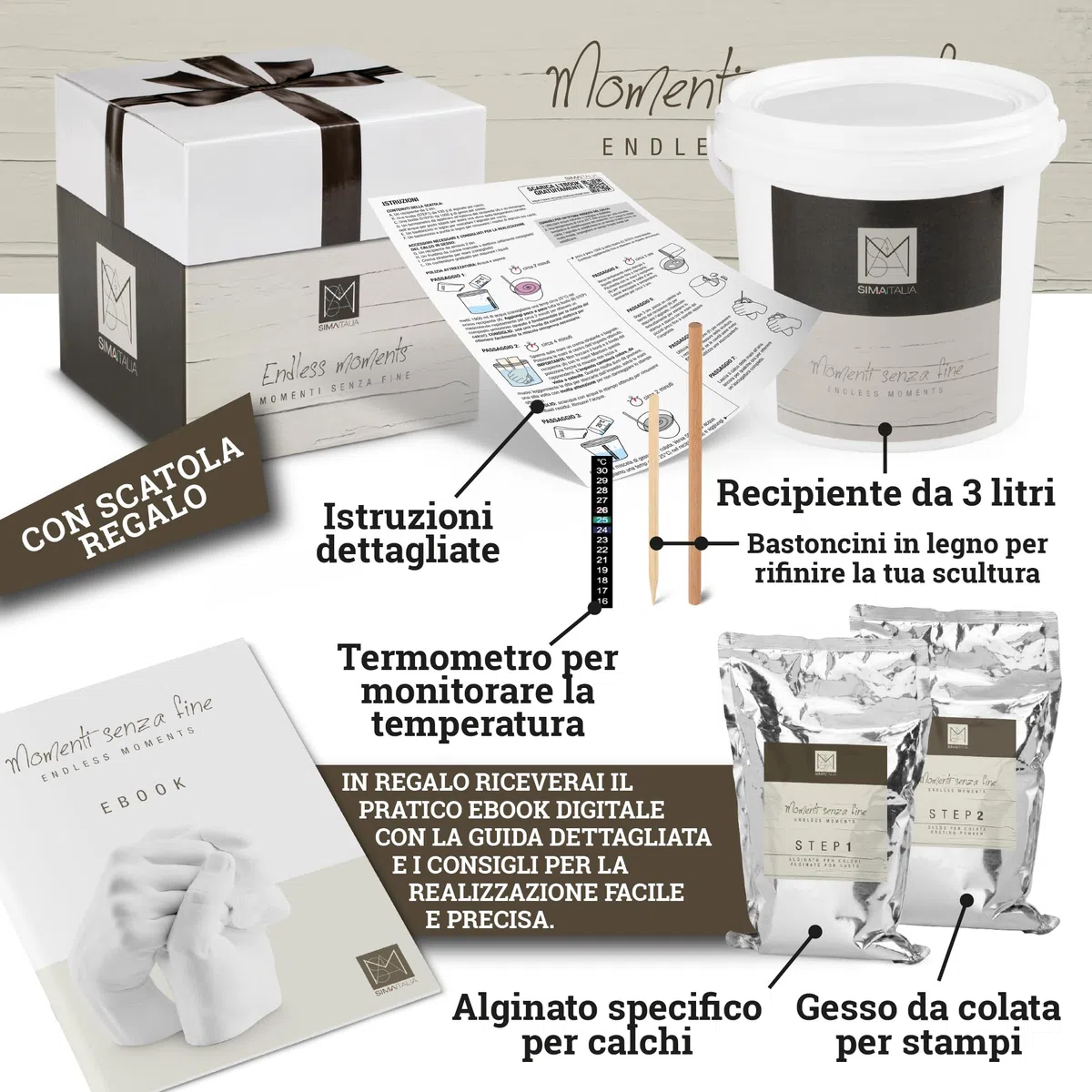 SIMAITALIA Kit Calco Mani Coppia Completo con Video Guida ed Ebook - Stampo 3D in Gesso e Alginato
