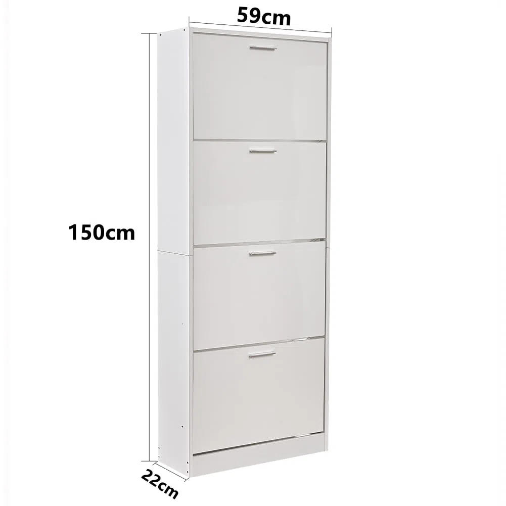 BAKAJI Scarpiera Salvaspazio Slim Portascarpe in Legno MDF con 4 Ante Laccate Lucido a Ribalta e Doppia Profondità 59 x 22 x 169.5 cm Bianco Lucido, 4 Ante