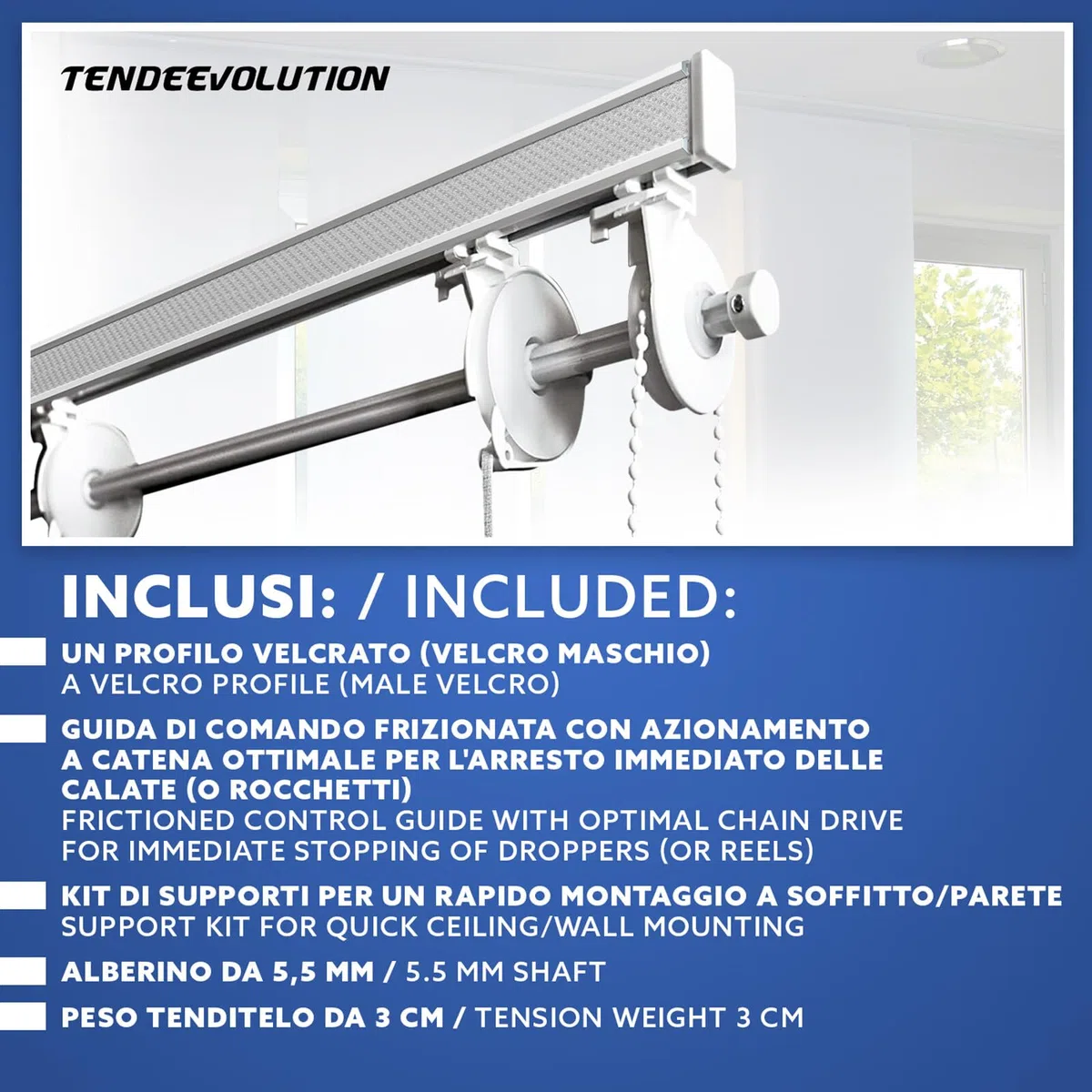 TENDEEVOLUTION Bastone Tenda a Pacchetto per Interni in Alluminio con 4 Calate e sgancio rapido. Bastone Tenda Soffitto o Parete, Steccate o in Tessuto (160 CM Catenella a Destra)