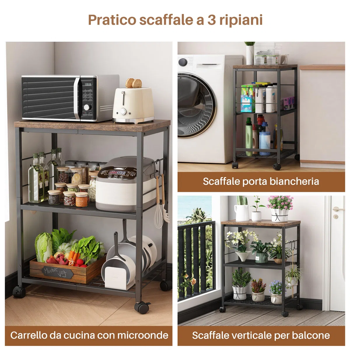Carrello da Cucina con Microonde su Ruote,Tavolo per Microonde a 3 Ripiani con Spazio di Archiviazione,Piccolo Scaffale per Carrello da caffè per Organizzare Il Soggiorno O L'Ufficio.