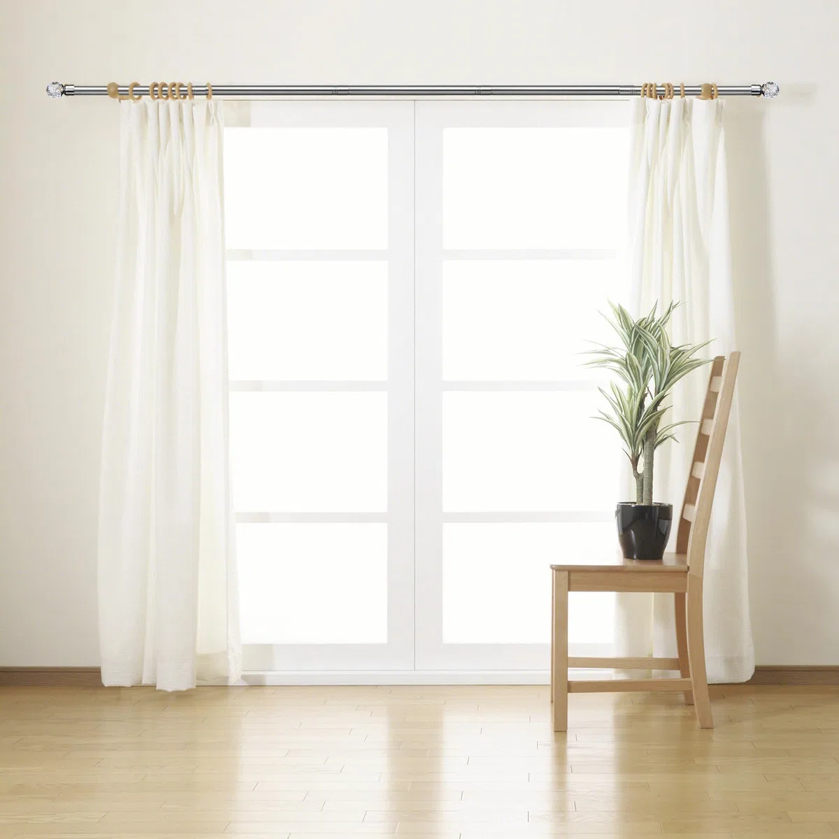 Bastone per tenda argentato, con terminali in cristallo, per tende velate (16 mm), 76-117 cm, asta regolabile per finestra a bovindo, in acciaio inox, con staffe resistenti, per interni