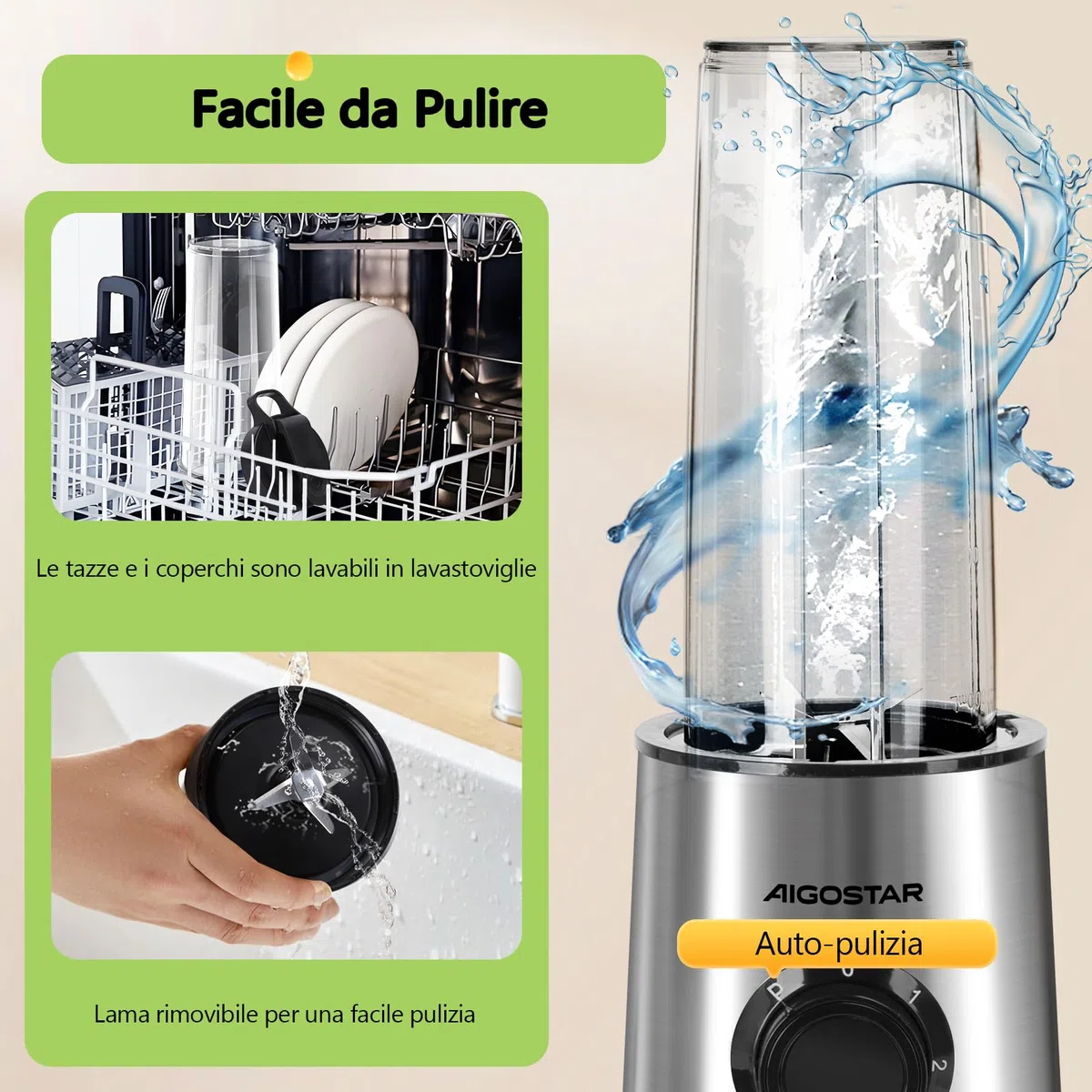 Aigostar Frullatore Portatile, Frullatore Elettrico con borraccia da 2 * 800ml BPA FREE, 2 Velocità e Pulse, 4 Lame Inox, 600W, per Frullati, Trita Ghiaccio e Frutta Congelata. Nero, Baron.