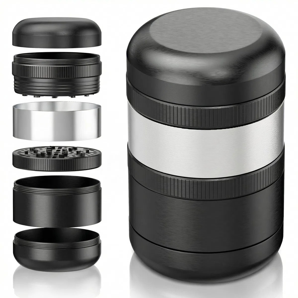 Viberium Grinder Metallo 60 mm- Grinder Belli Tritino, Grinders Kit Original, Accessori per Erbe, Herb Crusher Professionale, Macinino, 4 Pezzi - Nero