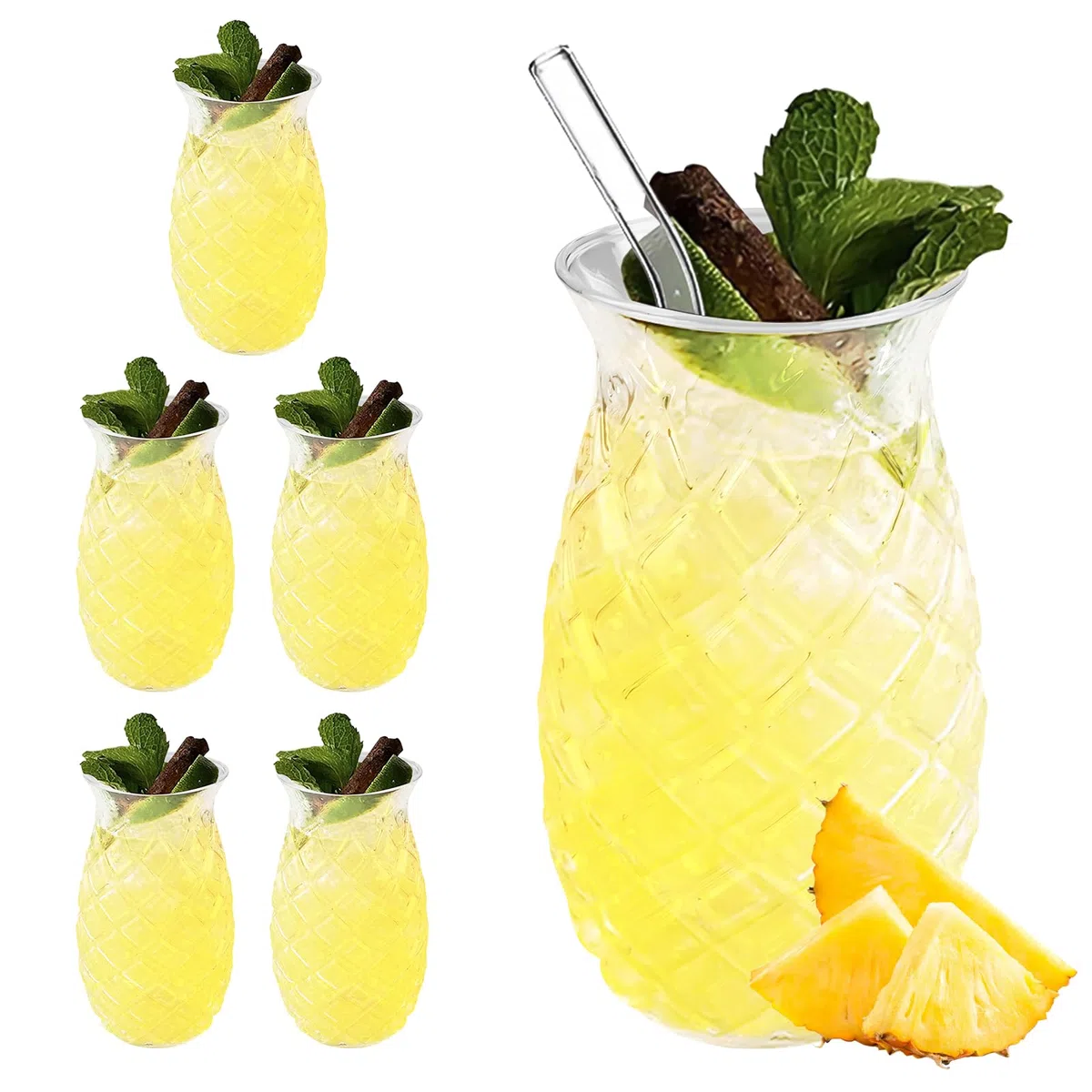 Set di 6 bicchieri di ananas: 400 ml, trasparenti da cocktail con rilievo di ananas, riutilizzabili, bicchieri per feste, succo di frutta, long drink a forma di ananas, perfetti per casa