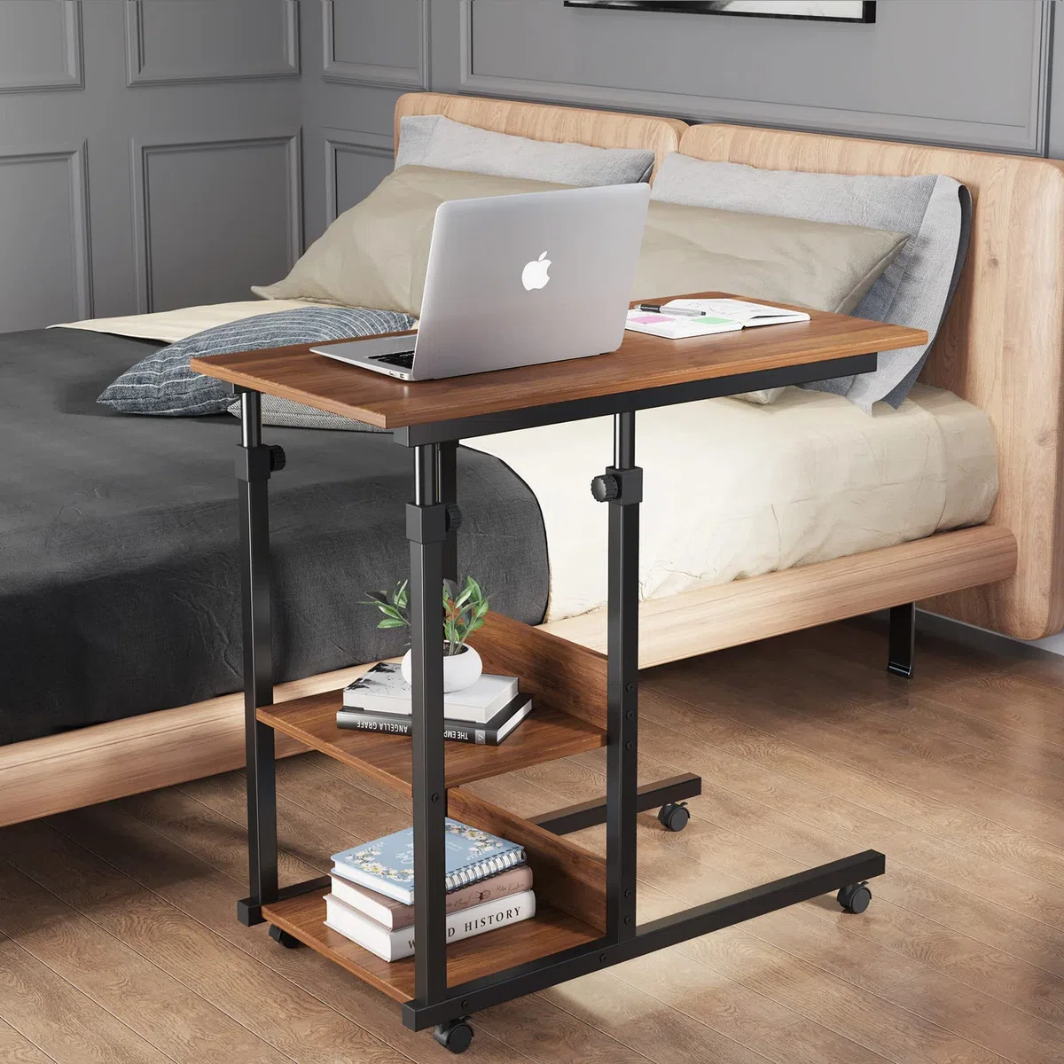 Dripex Scrivania per Computer con Ruote Tavolino 80x40x89 cm Altezza Regolabile Tavolo PC Salvaspazio Mobile per Laptop con Ripiani per comodino, tavolino da caffè, camera da letto (Marrone Scuro)
