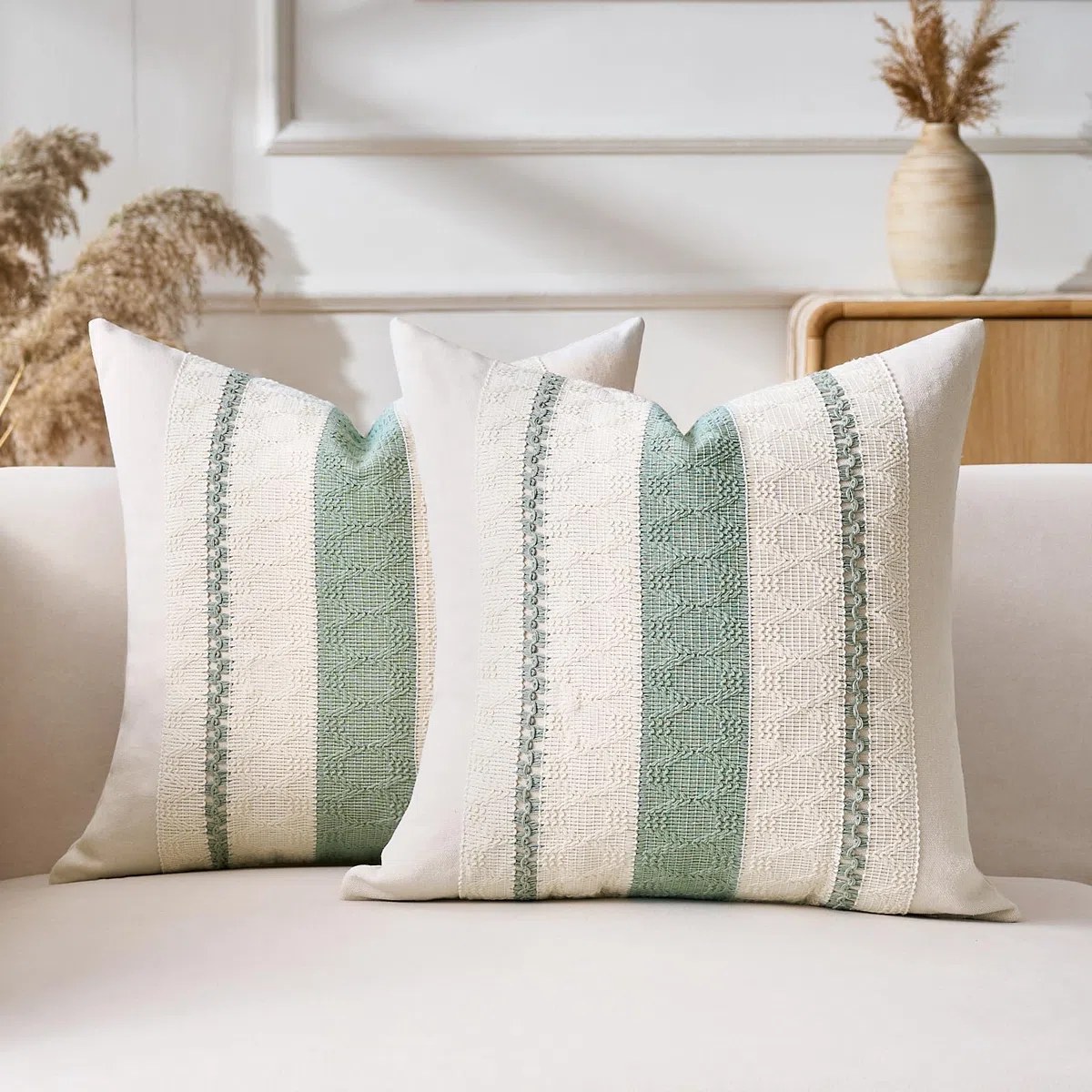 Set di 2 Boho Federe de Cuscini per Divano 40x40 Verde Salvia Moderno Fodere Cuscini Cotone e lino Macramè Cuscino Decorativo Quadrate Fodera per Cuscino per Divano Soggiorno Giardino