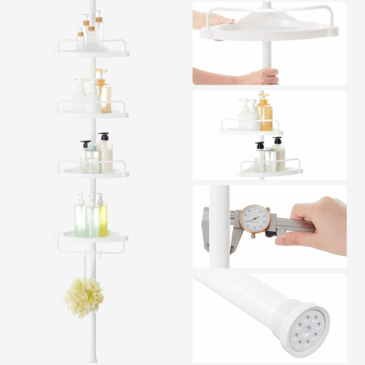 SONGMICS Mensola Doccia Telescopica e Regolabile, 4 Ripiani, Scaffale Angolare Bagno, Altezza 85-305 cm, Bianco BCB001A